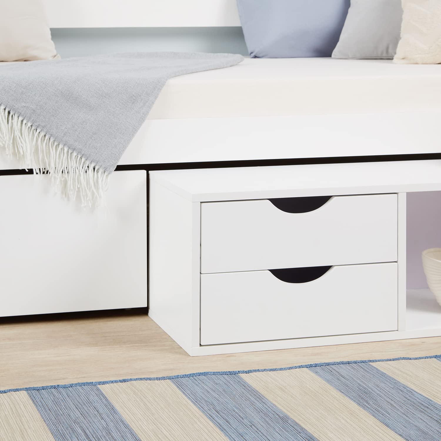 Homestyle4u Funktionsbett 90x200 Weiß mit Schubladen Stauraum | Bett Massivholz Kiefer, Rolllattenrost inklusive, ausziehbare Liegefläche ideal für Kinder- und Jugendzimmer