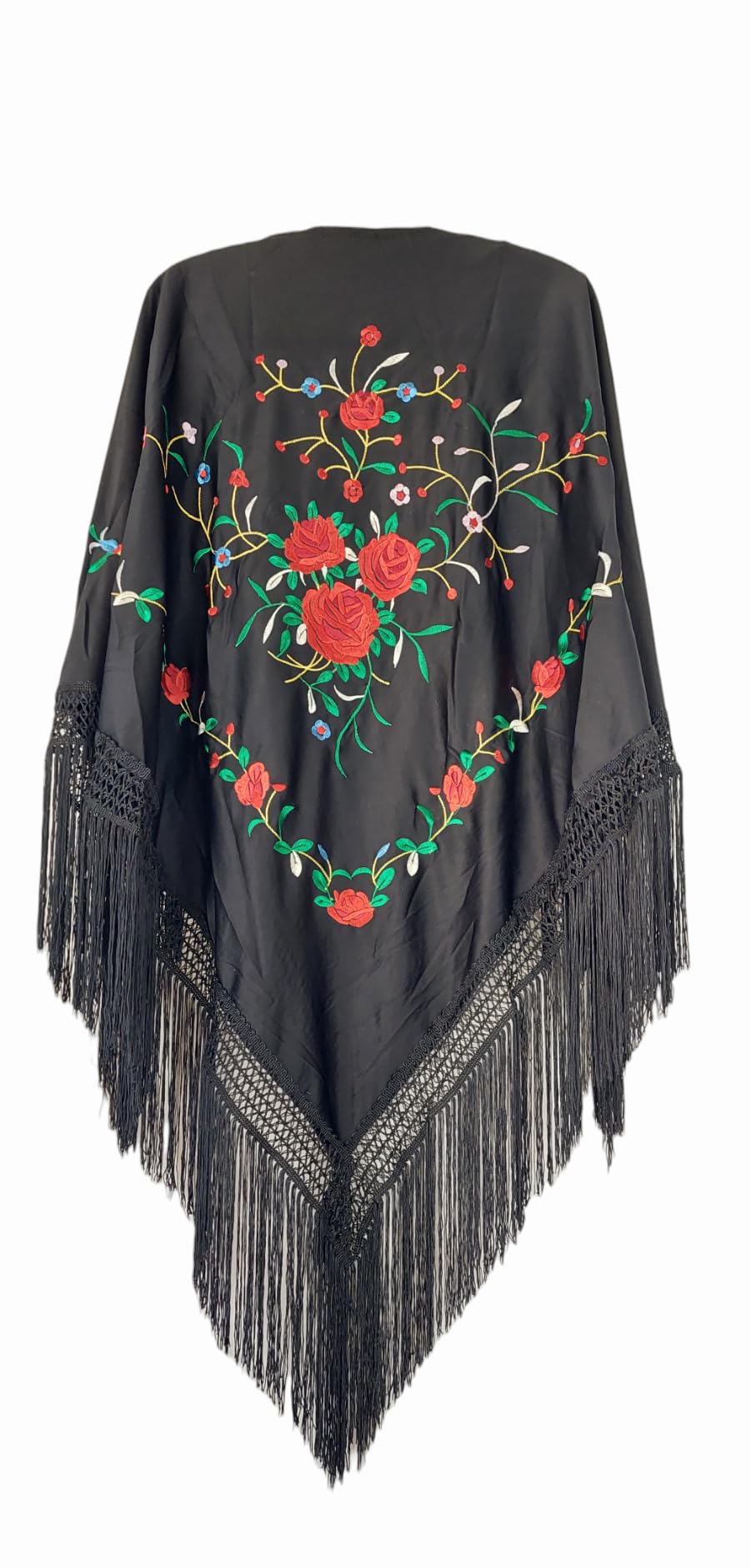 Flamifeel Triangular Embroidered Shawl with Fringes 150/100/20, Black Red Green, M