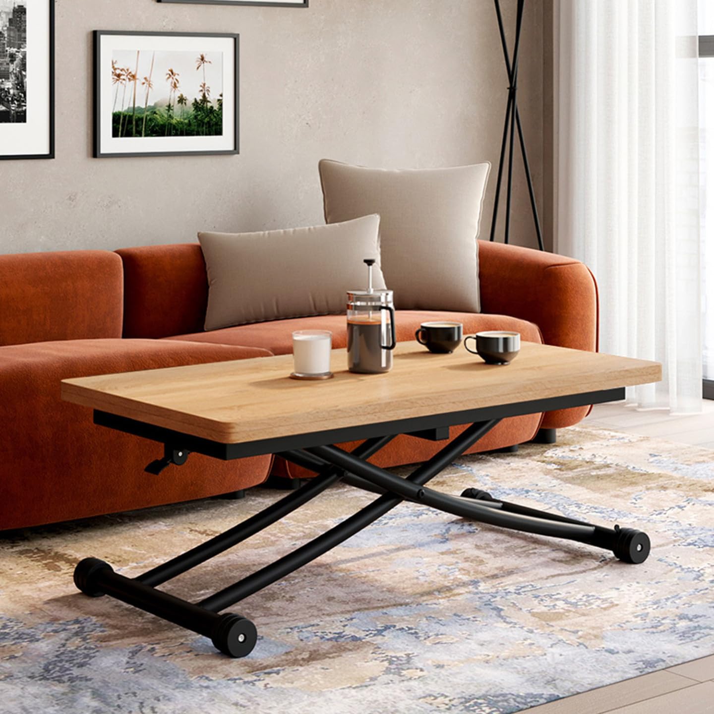 IDMarket - Table Basse Extensible relevable en Table à Manger rectangulaire Urbana Plateau façon hêtre Pied Noir Design Industriel