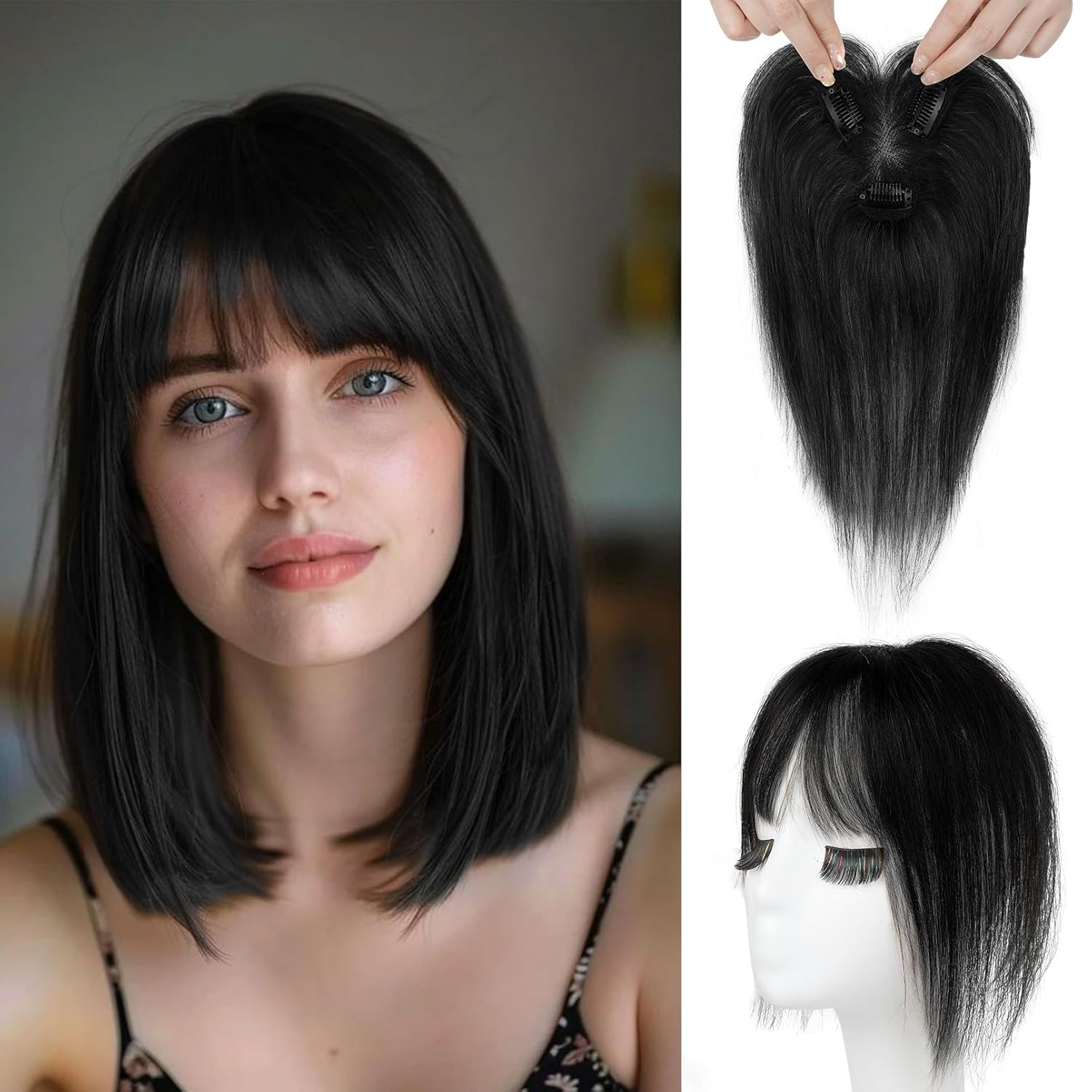 REECHO Hair Toppers for Women Real Human Hair, Seamless Human Hair Toppers with Bangs, 360° 3D Cover Clip in Bangs Hair Extensions for Daily Wear, Natural Black