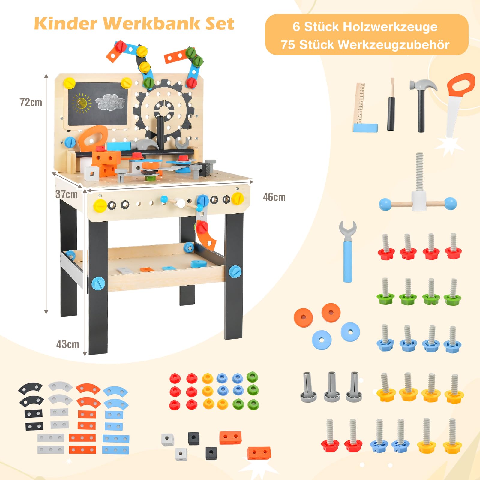 GOPLUS Kinderwerkbank mit Arbeitsplatte, hängendes Werkzeugregal & offene Ablage, Werkzeugbank aus Holz mit 6er Werkzeuge & 75 Holzteile, Holzwerkbank für Kinder ab 3 Jahre
