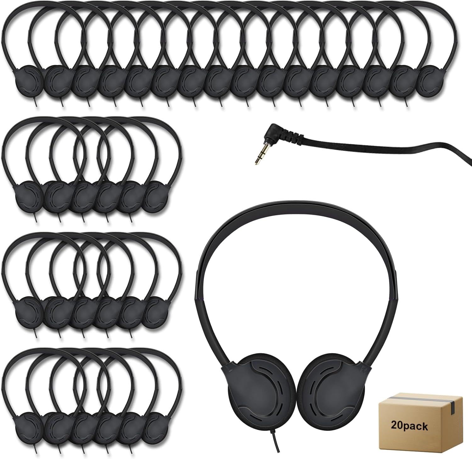 Confezione da 20 cuffie per bambini, studenti, scuola, aula, regolabili, con jack da 3,5 mm, per biblioteca, bambini e adulti (004 cuffie nere)