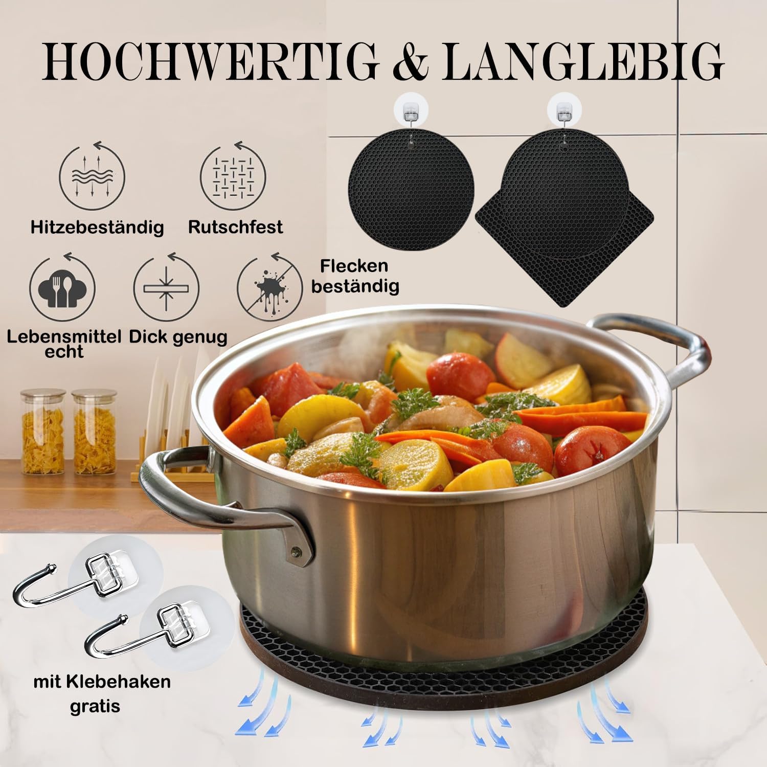 Silicone Black Trivet Set of 8 - 2 Rectangular + 2 Round Coasters, 4 Adhesive Hooks Free - Heat Resistant, Non-Slip & Dishwasher Safe