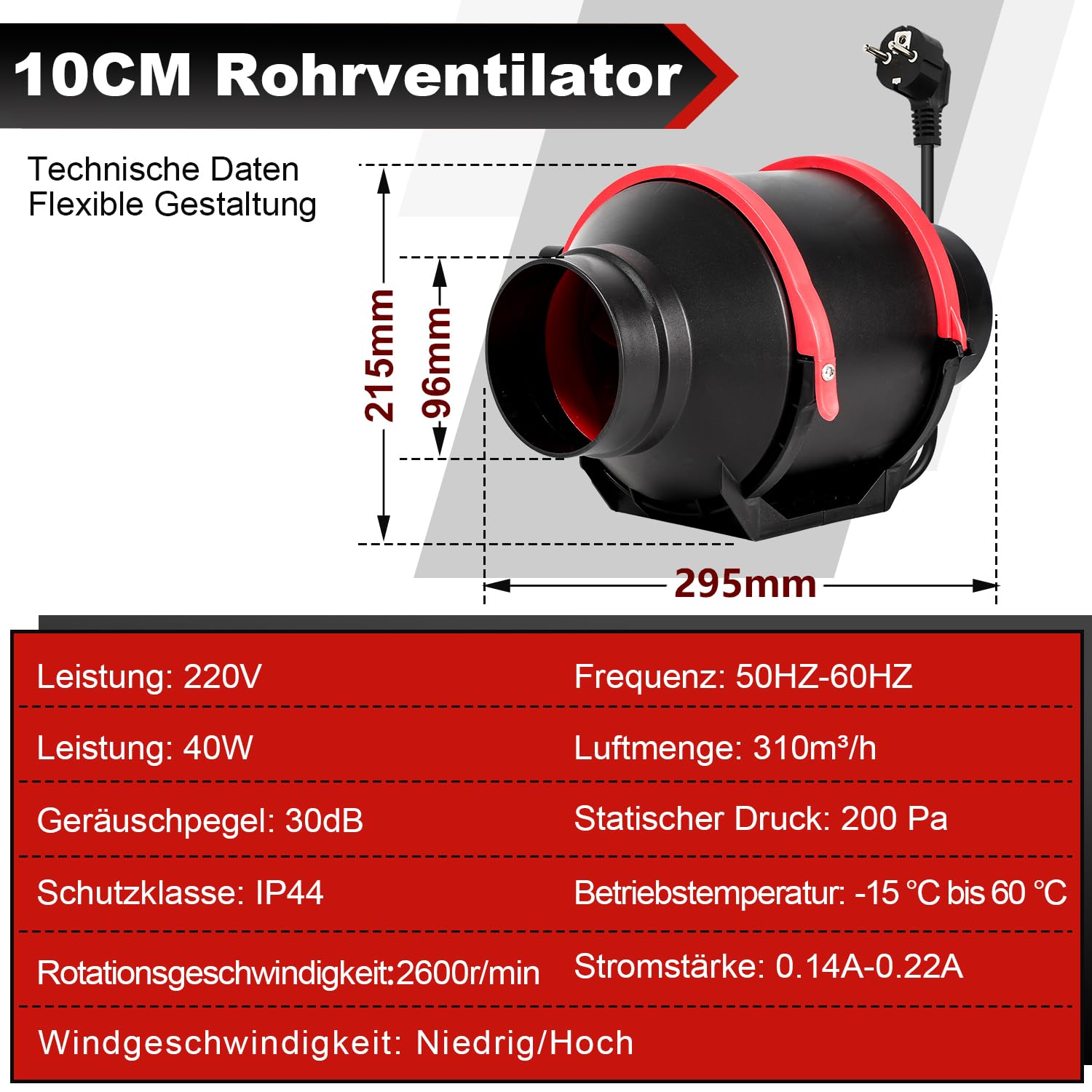 Randaco Wentylator rurowy 100 mm z pilotem, 2-biegowy regulator, wentylator liniowy 310 m³/h, do łazienki, kuchni, szklarni, namiotu ogrodowego (1 szt.)