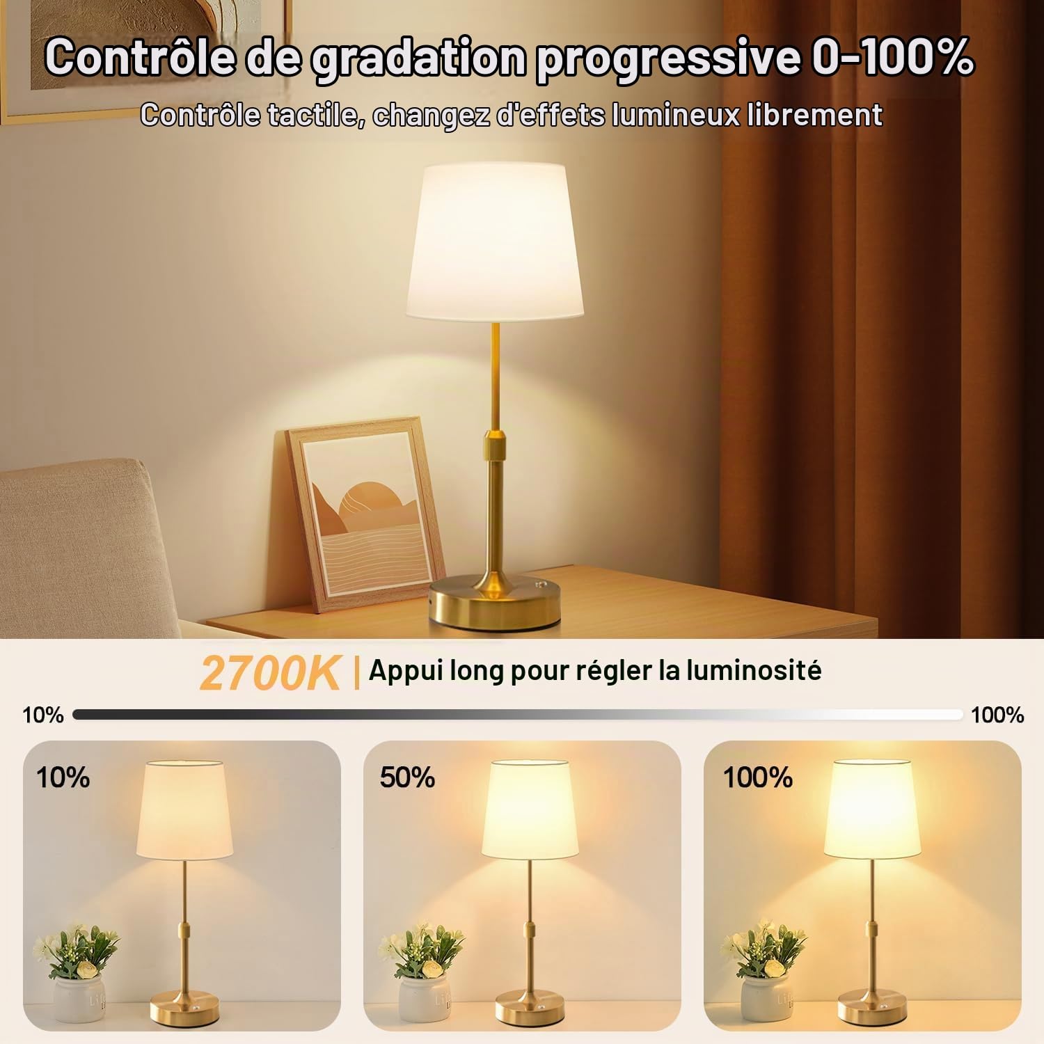 Lot de 2 Lampe de Chevet Tactile, LED Lampe de Table Sans Fil Batterie