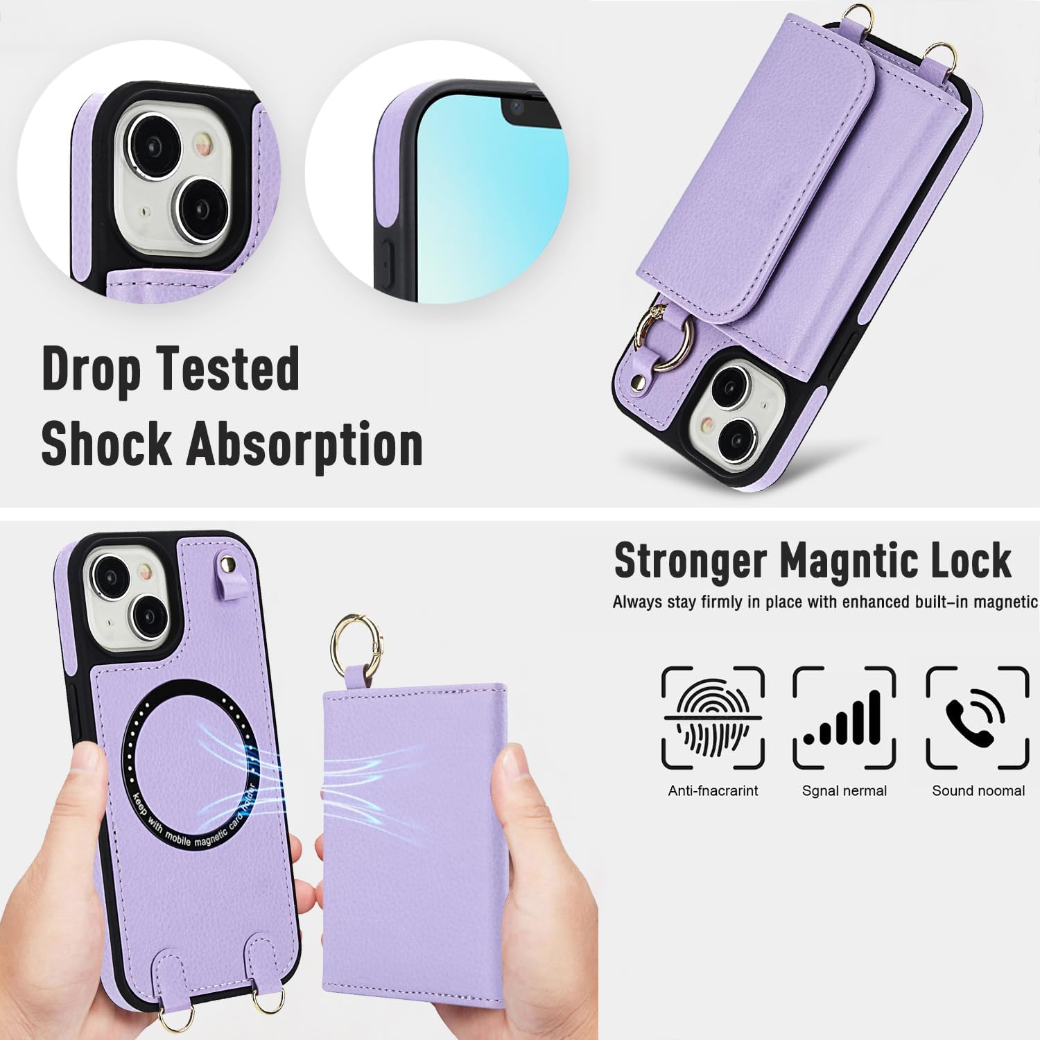 Phone Case for iPhone 13/14 6.1 inch Wallet Magnetic Detachable Cover and Screen Protector Compatible with MagSafe Crossbody Lanyard Strap RFID Blocking Flip iPhone13 iPhone14 Women Men Purple