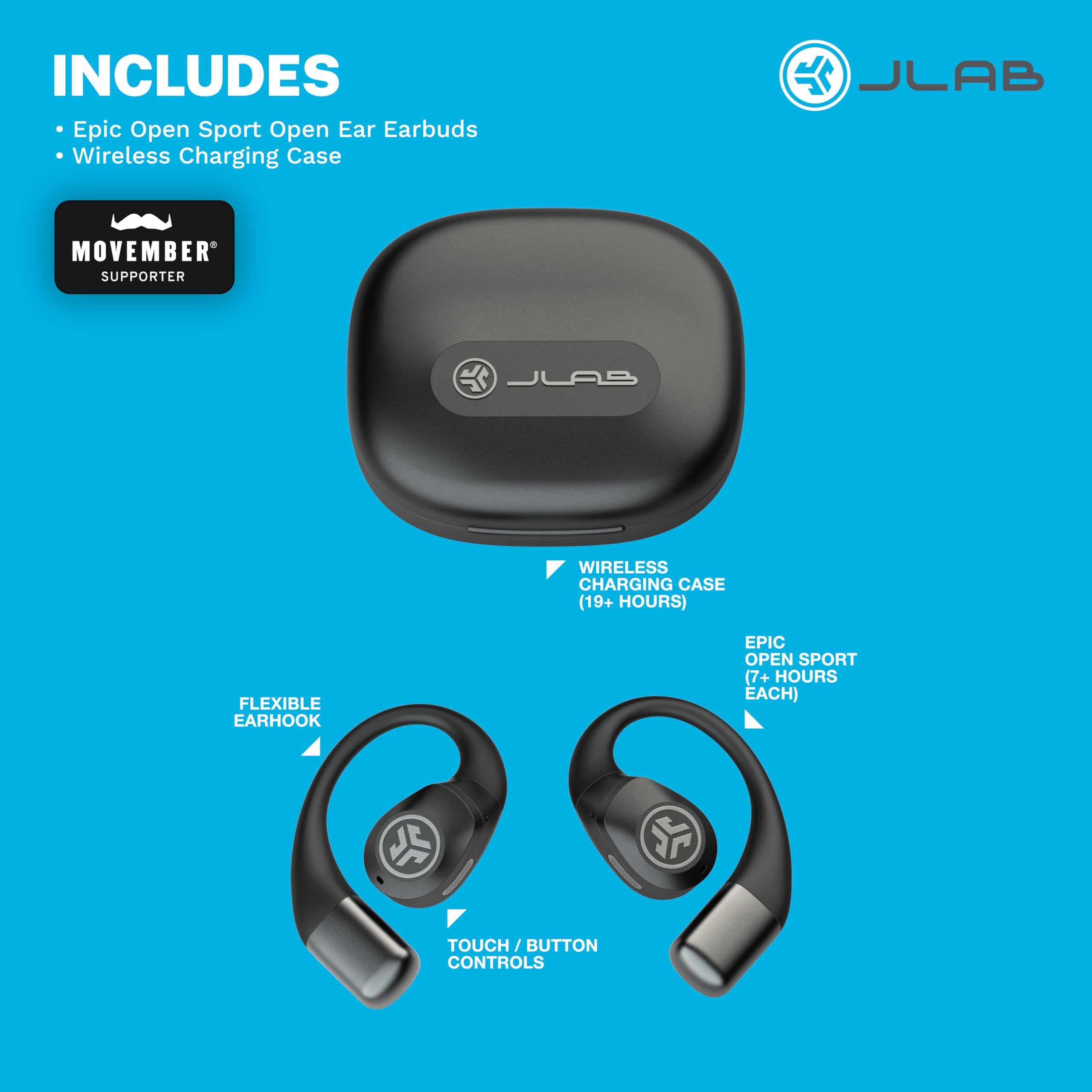 JLab Epic Open Sport Auriculares Deportivos Inalámbricos - IP55, Negro | Auriculares Open Ear con Ganchos para las Orejas, 30 Horas de Autonomía, Resistencia al Sudor IP55