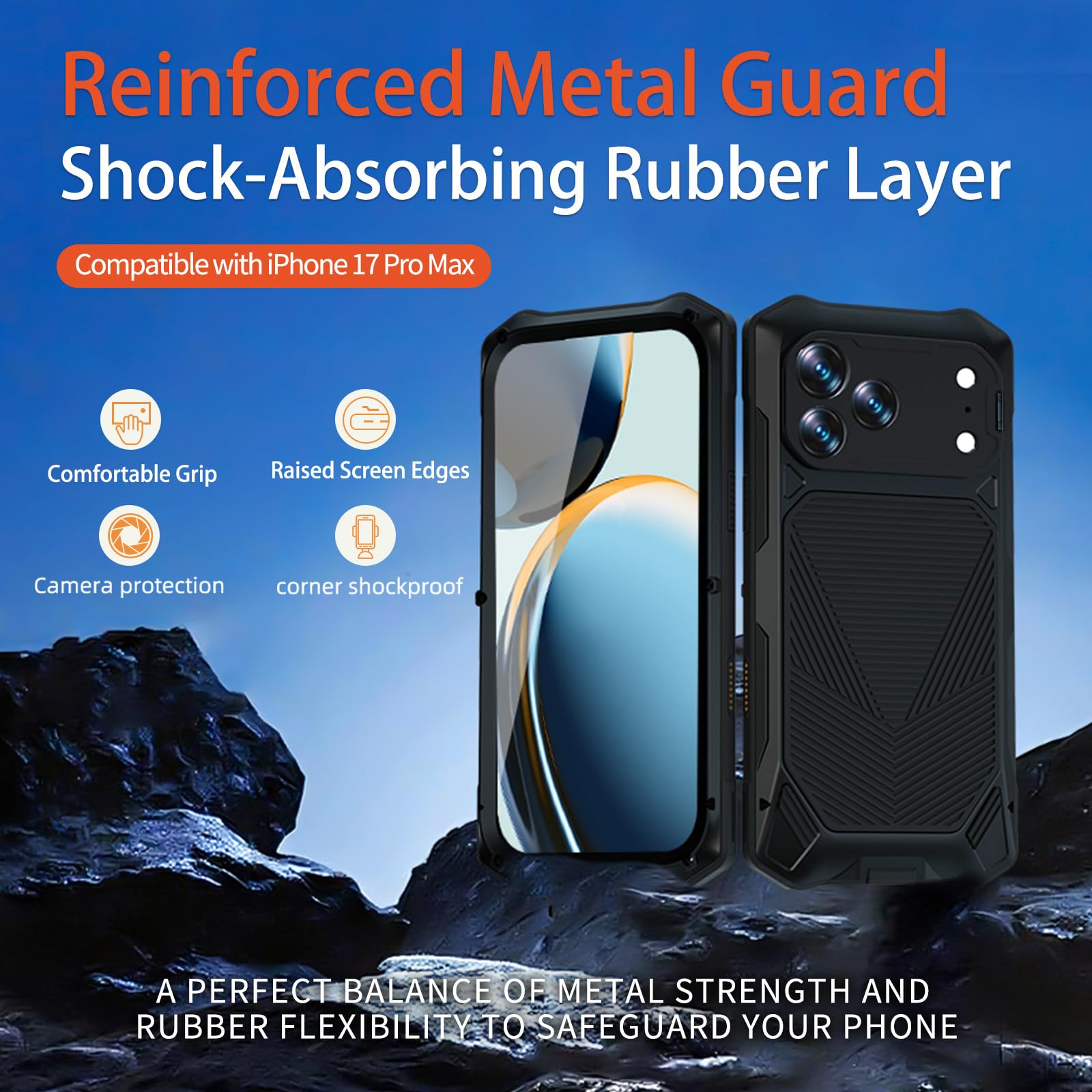 Metall Hülle für iPhone 17 Pro Max/17 Pro/17 Air/17, Militärisch Schwerlast rutschfeste Ganzkörper Schutzhülle mit Objektiv Ständer Handyhülle,Blau,17 ProMax