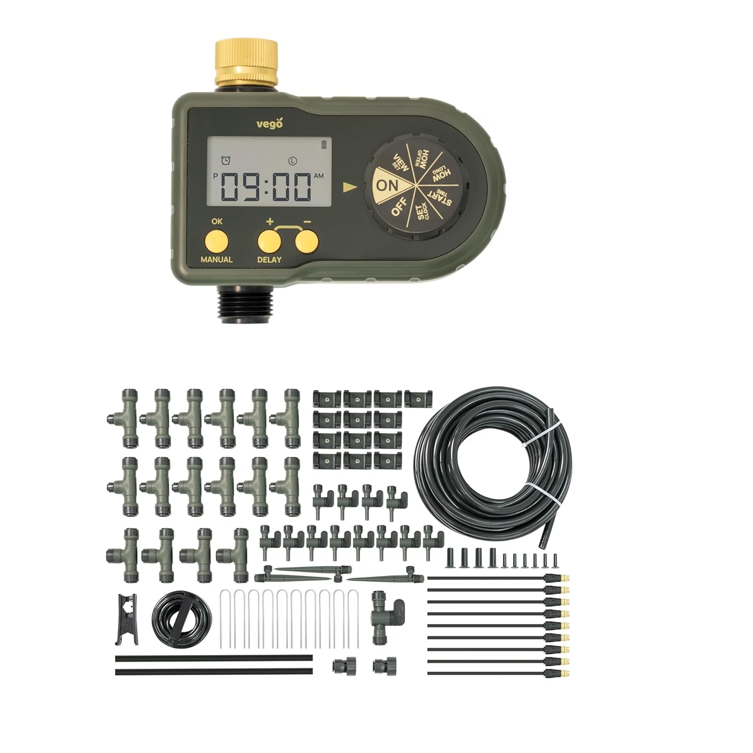 1 Zone Watering Timer with Brass Inlet & 40ft Drip Irrigation System for Raised Garden Beds