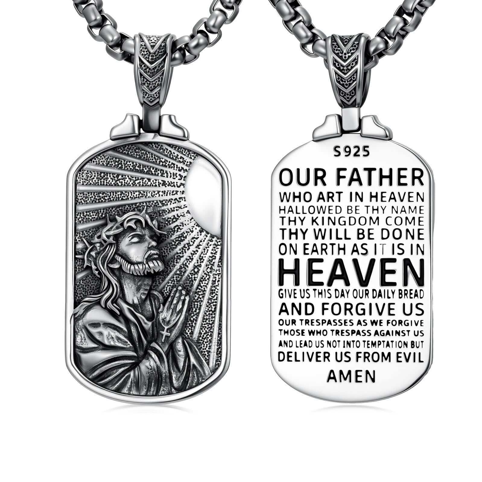 Collana da uomo in argento Sterling 925 con ciondolo a forma di medaglietta religiosa ossidata con preghiera, gioiello cristiano di Gesù Cristo, regalo per uomini