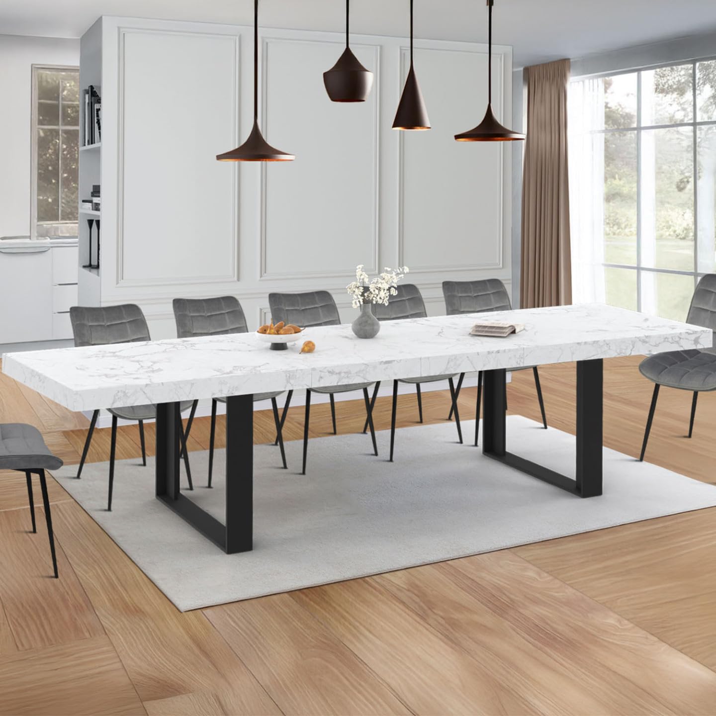 IDMarket – Mesa de comedor extensible Phoenix rectangular 6-12 personas bandeja efecto mármol blanco Alaska 200-300 cm