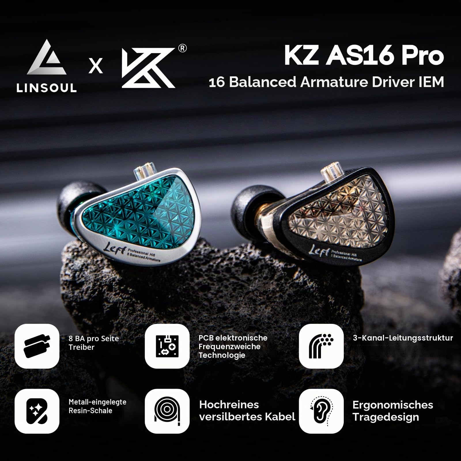LINSOUL KZ AS16 Pro 16BA Balanced Armature Drivers Earphones HiFi Bass In Ear Monitor Earphones with Detachable 0.75mm 2 pin Cable (Black, Without Mic)