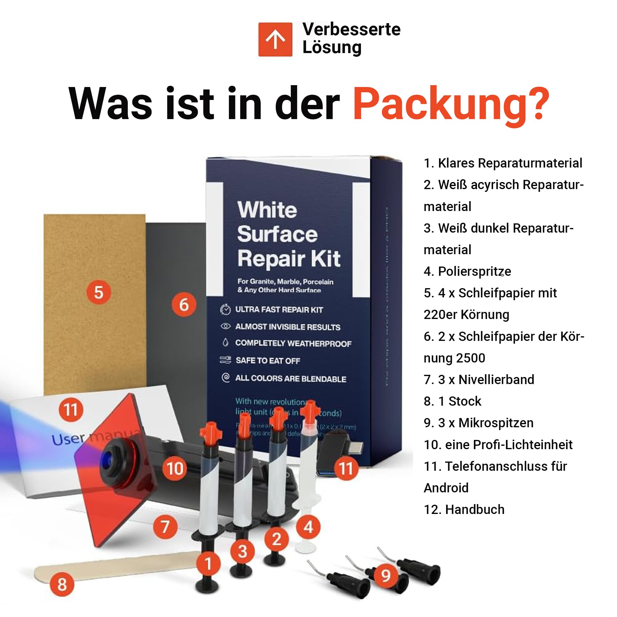 Quarz-Reparatur-Set für Arbeitsplatten (transparent, weißes Acryl und dunkelweiße Farbe) – ideal als Fliesen, Fiberglas, Badewanne, Keramik-Reparatur-Set I funktioniert hervorragend für Granit,