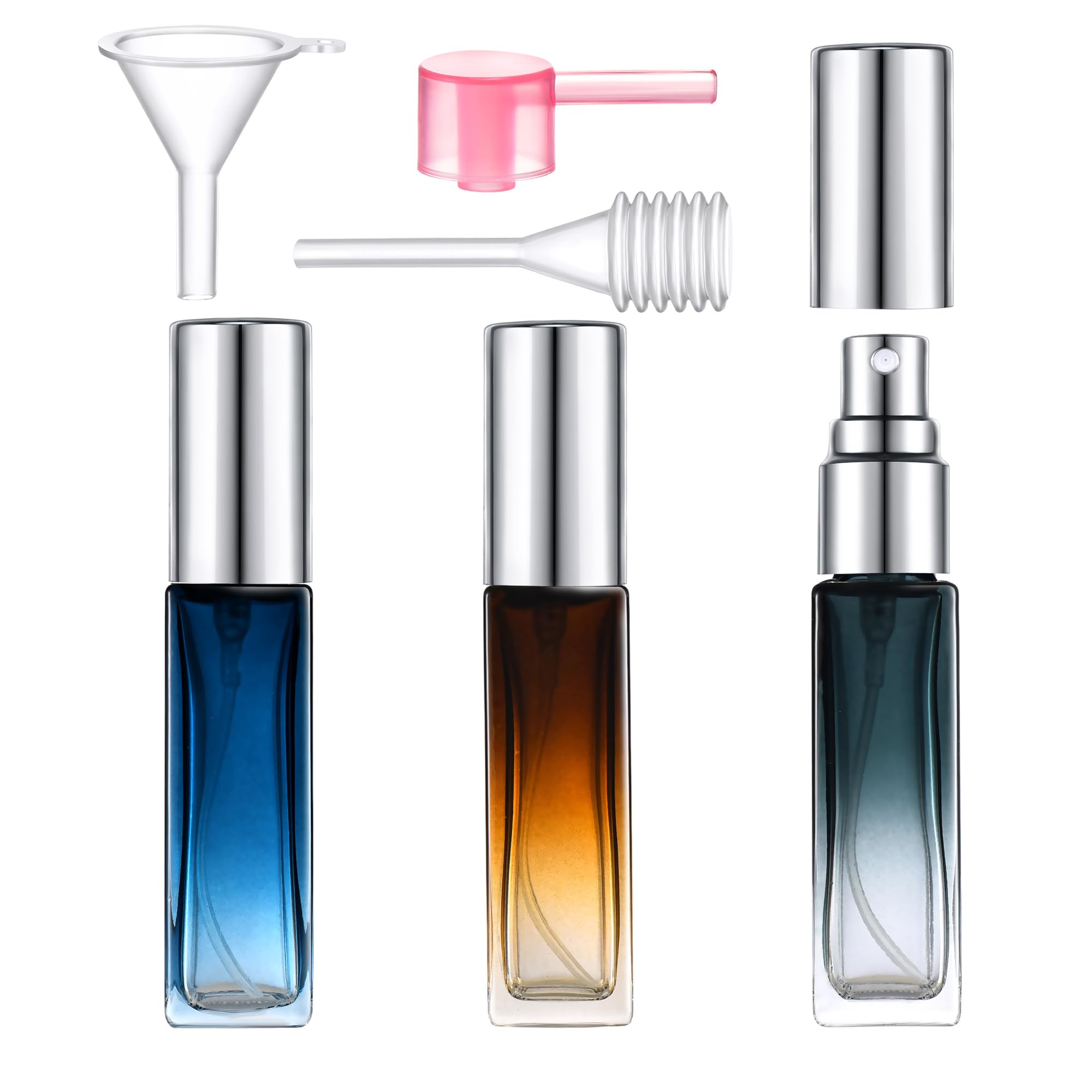 Yikimyfo 3Pcs-9Ml(Blue+Green+Brown)-Silver Cap Perfume Bottles Empty Refillable, 3 Pcs 9Ml Travel Size Spray Bottle Portabe Glass Perfume Bottle Fine Mist Perfume Atomizer Leak-Proof Fragrance Bottle