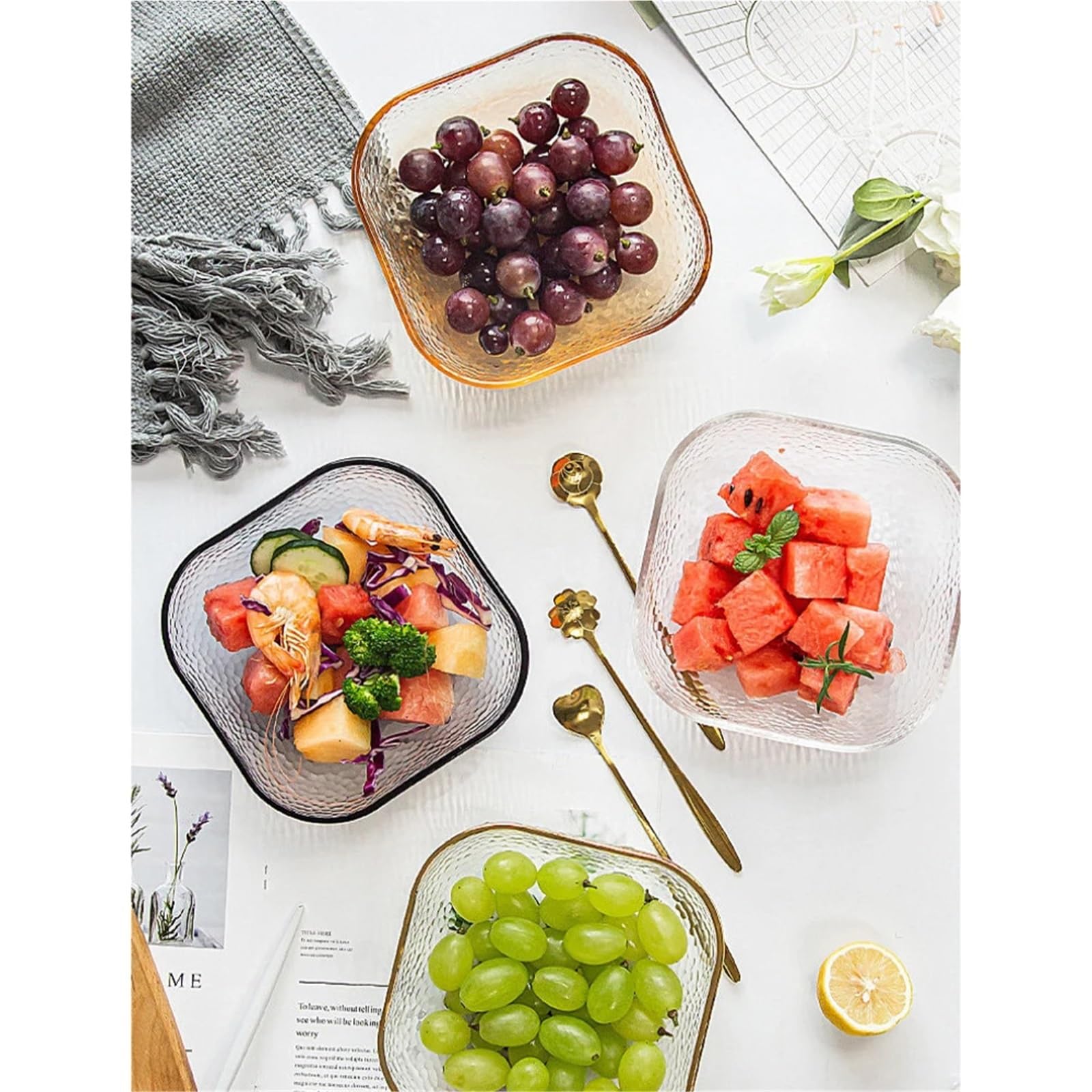 Ensaladeras Tazón de vidrio cuadrado, simplicidad moderna, Color sólido, contenedor de alimentos for el hogar, frutas, yogur, verduras, ensalada, helado, postres Para Cereales, Ensalada(Transparent La