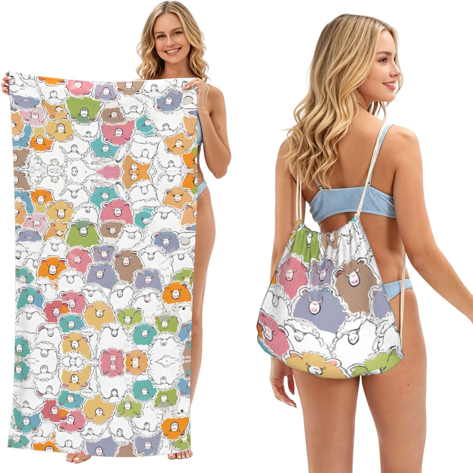 ESNAIUVCD Cute Colorful Sheep Cartoon Print Beach Towel For Adults,Towel With Drawstring Bag, Travel Pool Swimming Sports Shower Sand Free Quick Dry Bath Towel For Pool, Beach, Yoga- 180x60cm