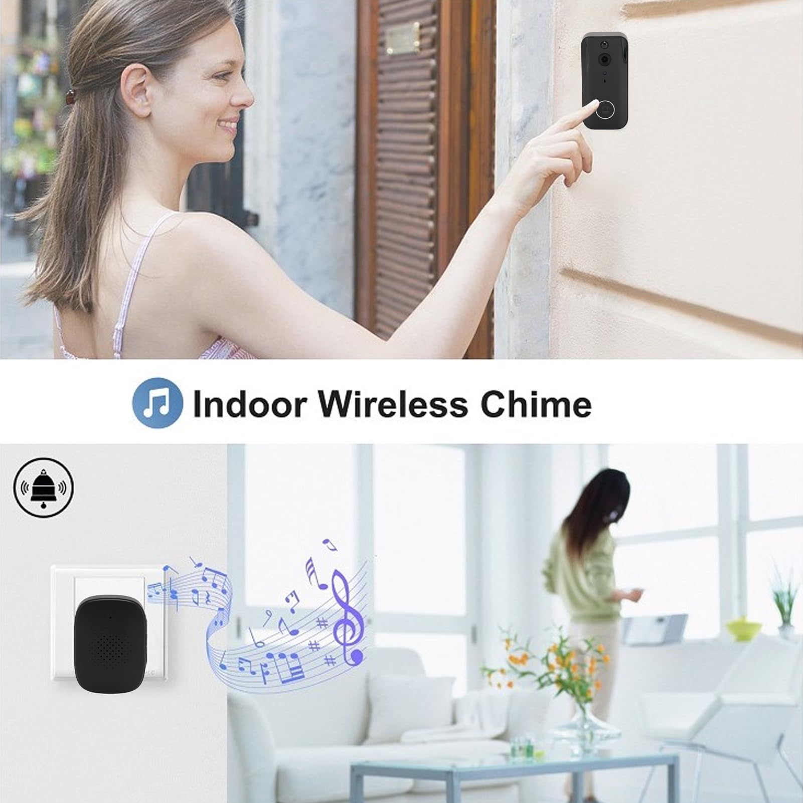 Bezprzewodowa Kamera Domofonowa 1080P z Dzwonkiem, Kamera Wideodomofonowa 2.4G WiFi ze Zmieniaczem Głosu, Wykrywanie Ruchu,Noktowizor, Dwukierunkowy Dźwięk, Długi Czas Pracy Baterii