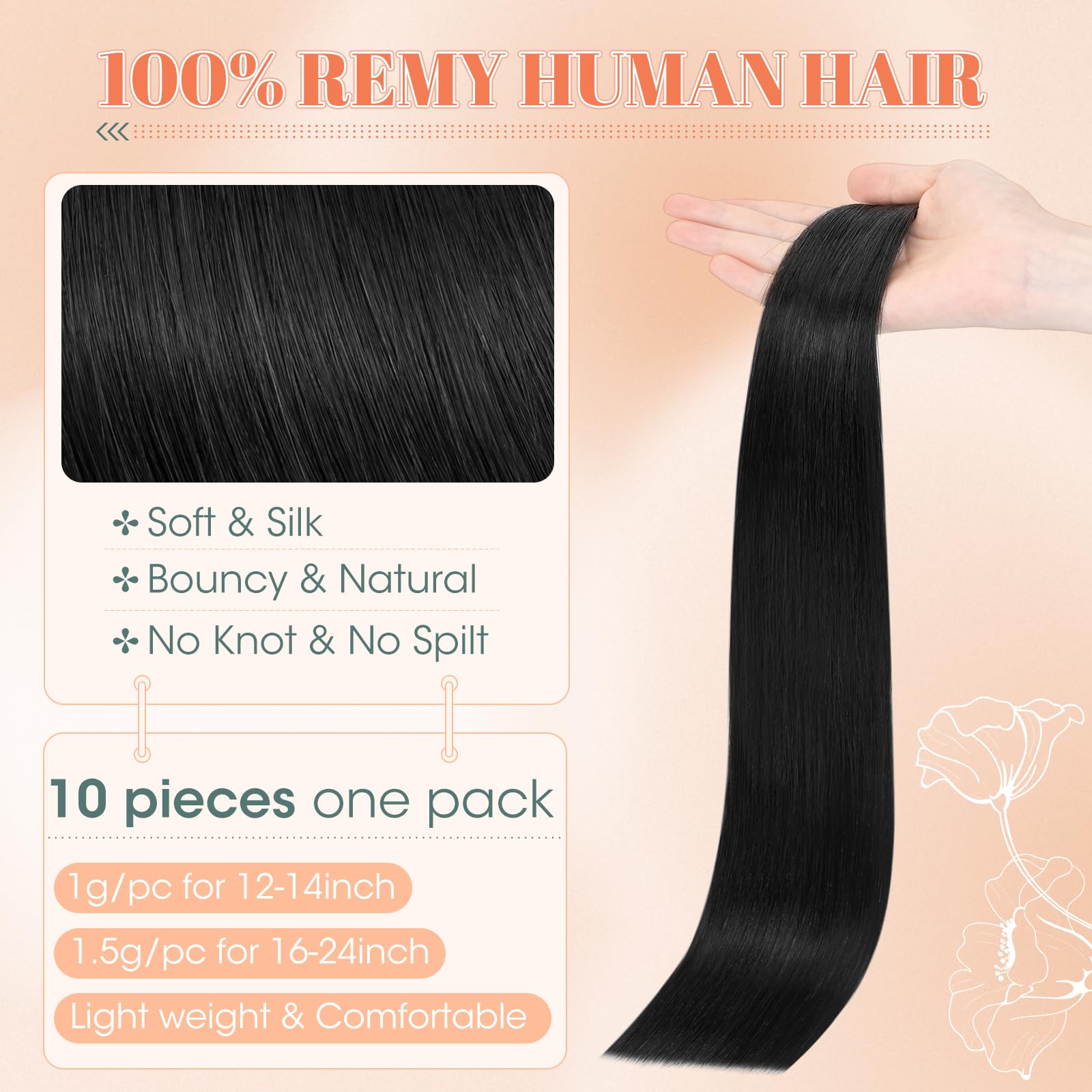 Benehair #1 Jet Black Real Remy Tape in Straight Human Hair Extensions Invisible Seamless Tape in Hair Extensions 12 Inches (10 g) - Image 2