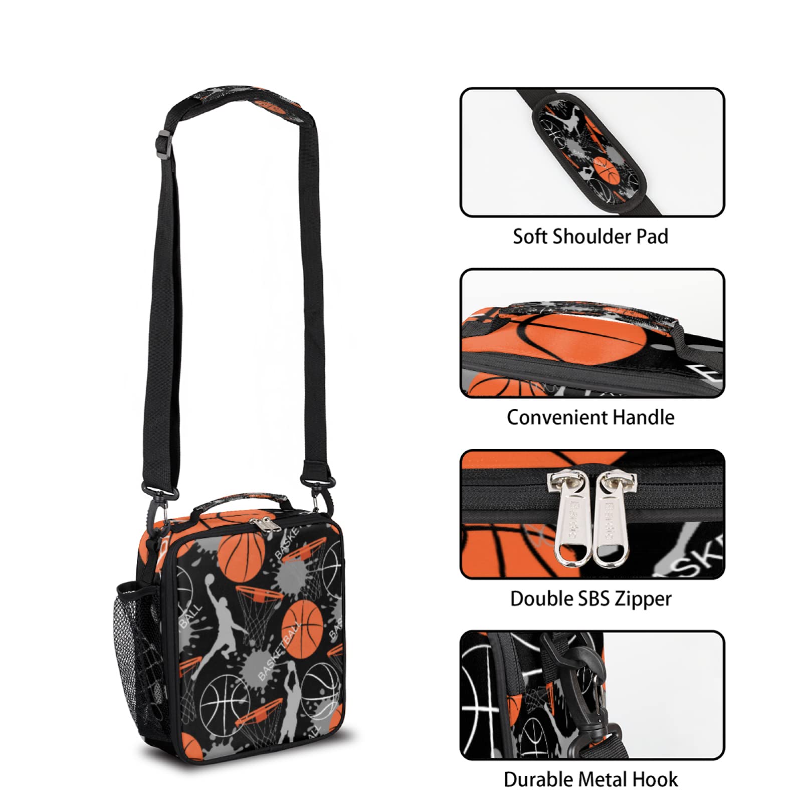 Basketball Kids Lunch Box Basketball Sport Insulated Lunch Bag Tote for Girls Boys, Cooler Freezable Meal Prep Bag with Shoulder Strap Waterproof Lunch Container for School Office Picnic