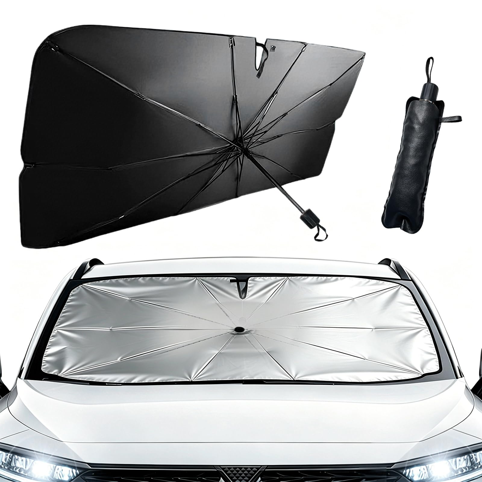 Parasol Coche Delantero 140 x 80 cm, Parasol Coche Paraguas Plegable, Parasol del Parabrisas Delantero, Auto Parasol Accesorios, Protección UV y Solar, para Mayoría de Coches SUV Camiones
