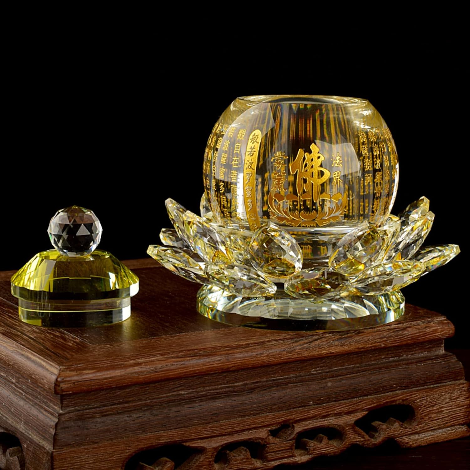 Crystal Holy Water Cup Buddha Front Heart Sutra, 12.5cm 4.9in, Offering Buddha Water Cup Lotus Ornament