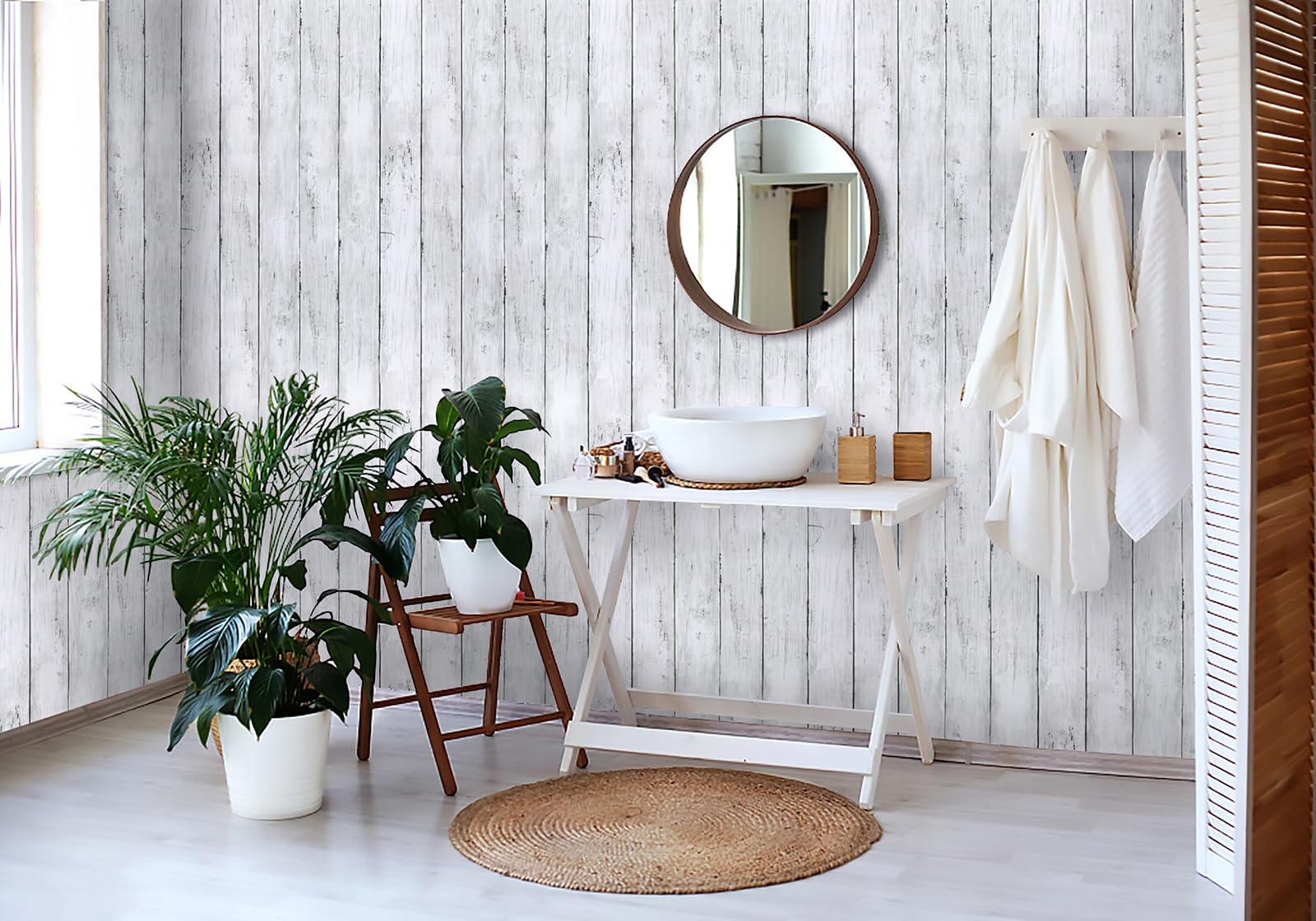 CiCiwind Pellicola adesiva bianca autoadesiva 45cmx10m pellicola per mobili,effetto legno con venature del legno carta da parati a righe per pareti comò tavoli camere da letto cucina sfondo in vinile