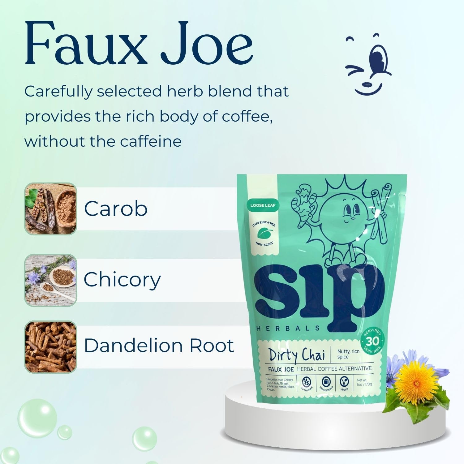 Sip Herbals Dirty Chai Roast Coffee Alternative Loose Leaf - Caffeine-Free Blend with Dandelion Root, Chicory, Cinnamon Clove - Rich Spiced Aroma & Balanced Flavor, As Seen on Shark Tank - 30 Servings