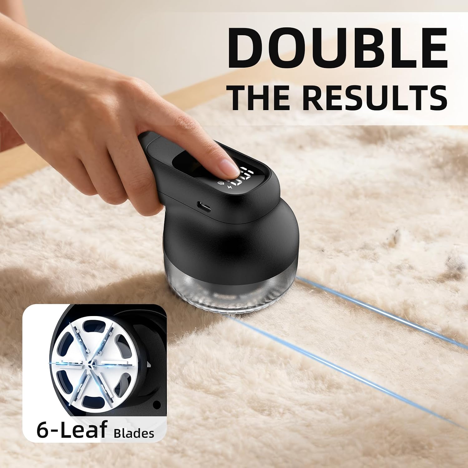 Fabric Shaver, Lint Remover Rechargeable with 3 Speeds, 6 Leaf Blades, Digital LED Display to Remove Fuzz Lint Balls for Clothes, Furniture, Sweater and Couch (Black)