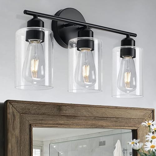 Vanity Lighting Bathroom 3 Light, Bathroom Wall Sconce with E26 Moisture-Proof Bulb Base, Black Matte Wall Light Fixture Over Vanity Mirror for Living Room with Clear Glass Shades for Bedroom