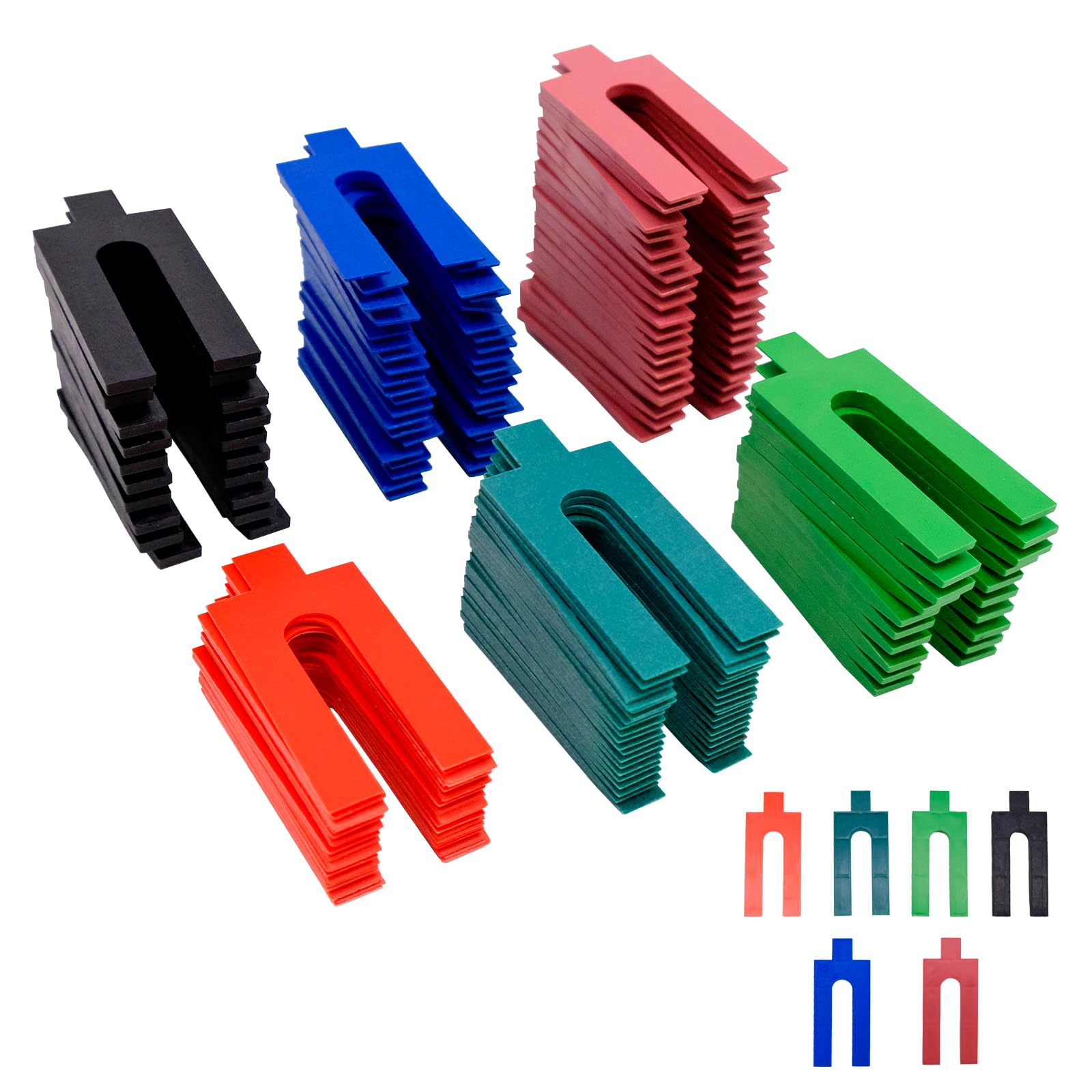 Assortiment de 100 cales en plastique, 6 tailles de cales en plastique de 1 mm à 6 mm, lot d'entretoises d'emballage, code couleur et facile à installer, pour latte, fixation et espacement de cadre de