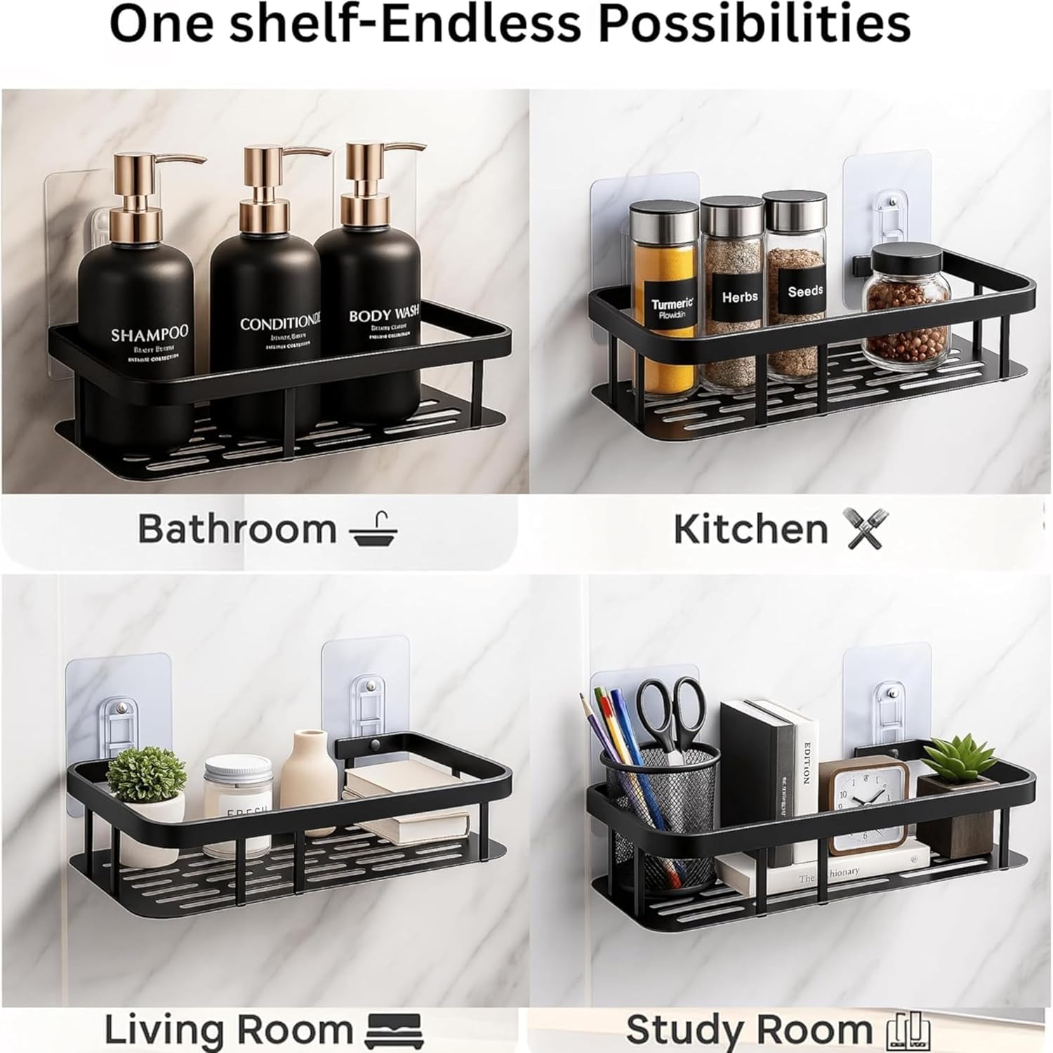 Feelon 2 Pcs Aluminium Bathroom Wall Shelf Organiser, 30 cm, Adhesive Mount Storage Rack with Installation Kit (Black) 2