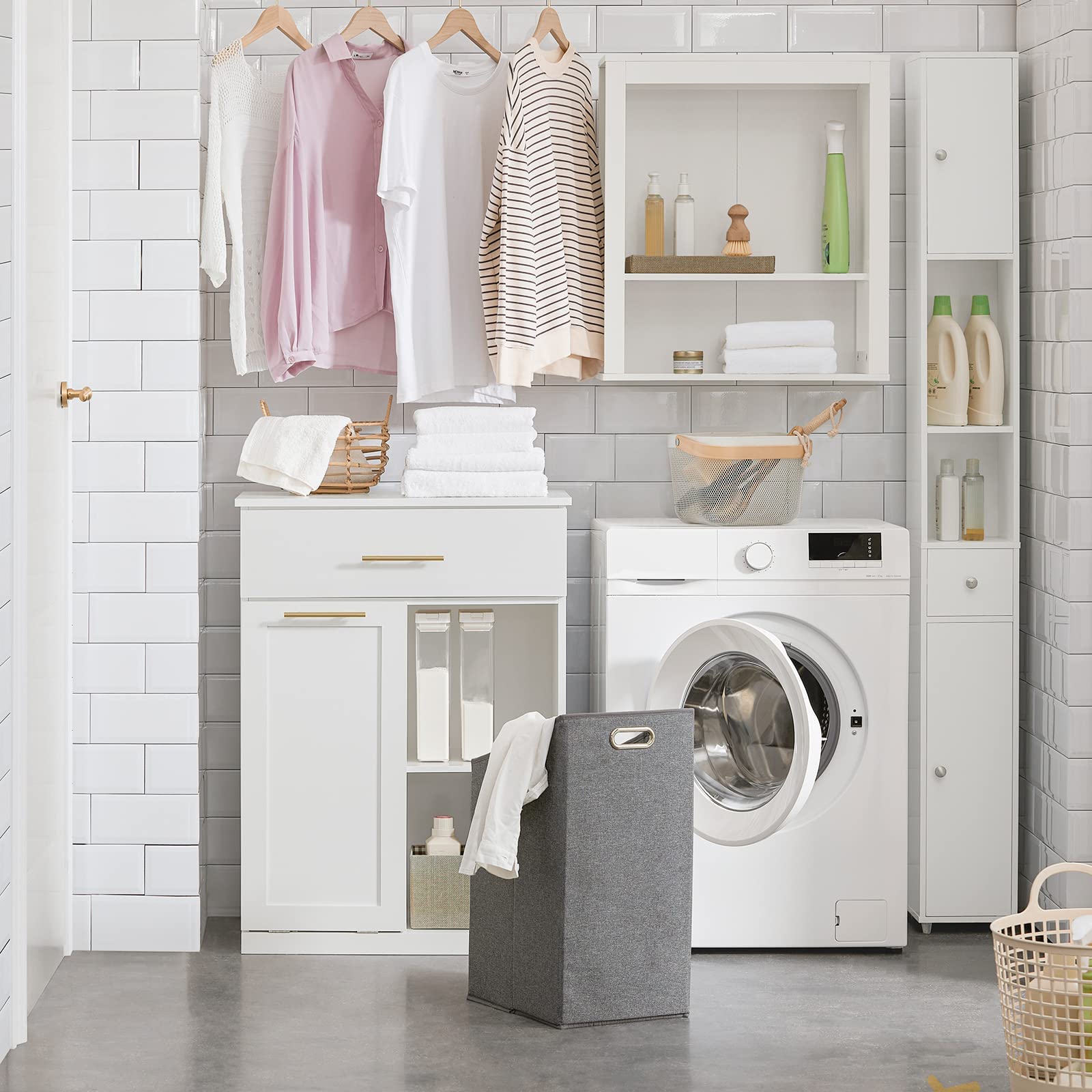 SoBuy Mobile Bagno Mobiletto Salvaspazio con Cassetto e 2 Ripiani per Raccordo, Armadietto Bagno Compatti in Bianco, 66x37x95 cm BZR66-W