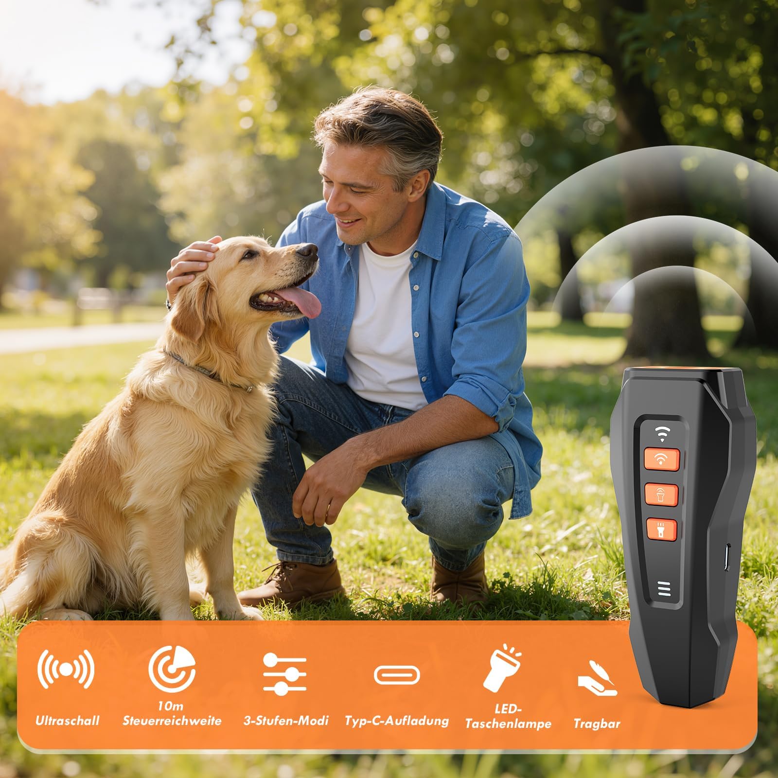 Anti Aboiement Chien Répulsif à Ultrasons Chien, 3 Modes Ultrason Anti Chien Réglable, Portée 10M Portée Avec Lampe De Poche, Adapté Aux Chiens Petits à Grands,Dressage Intérieur & Extérieur