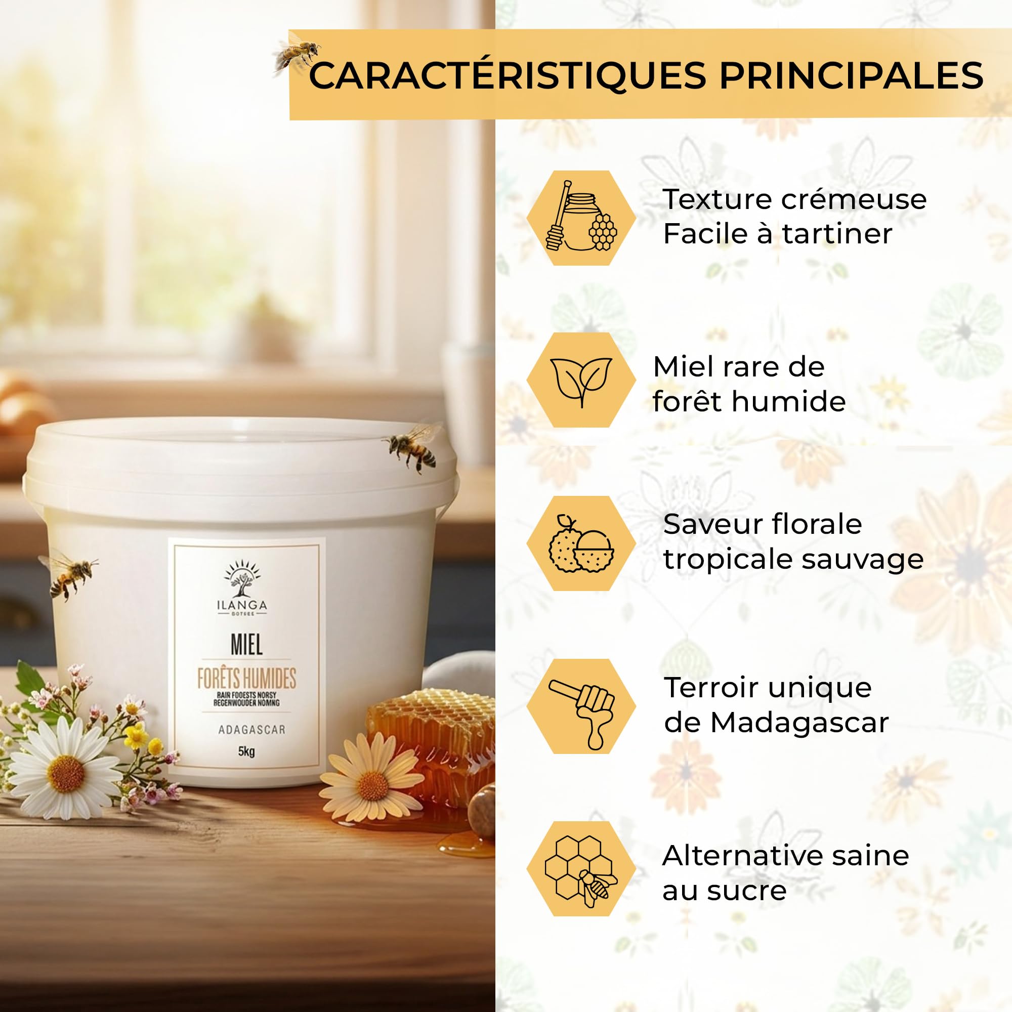 Ilanga Nature Miel de Forêt de Madagascar 5 kg, Miel Brut Naturel Pur à 100%, Récolté Directement auprès d'Apiculteurs Locaux, Origine Traçable, Saveur Florale Tropicale Intense, Sans Additifs ni
