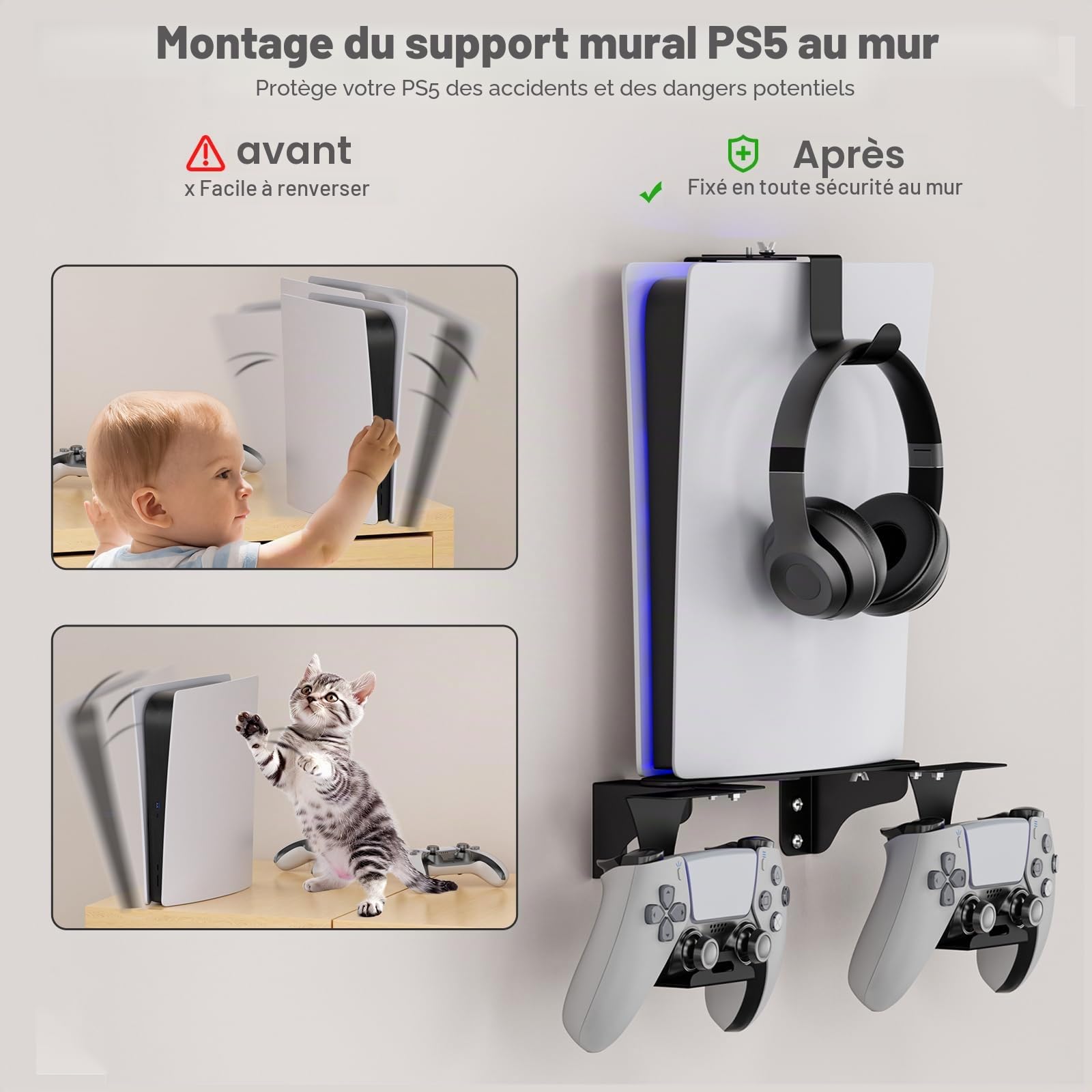 Support Mural Réglable pour PS5, avec Support de Poignée et Support pour Casque, Socle en Métal, Uniquement pour Consoles PS5, Compatible avec PlayStation 5 Disc et éditions Numériques, Noir