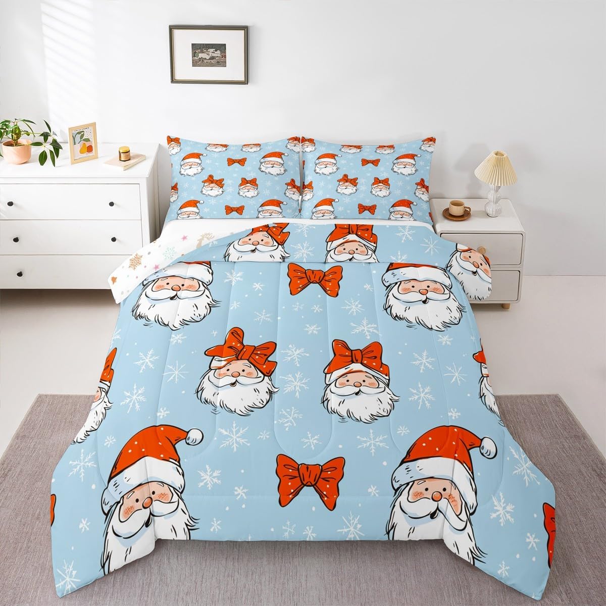 Feelyou Santa Claus Bedding Set Twin Size Kids Merry Christmas Comforter Set for Boys Girls Snowflake Blue Duvet Quilt Soft Breathable Lightweight Microfiber Room Decor,with 1 Pillow Case