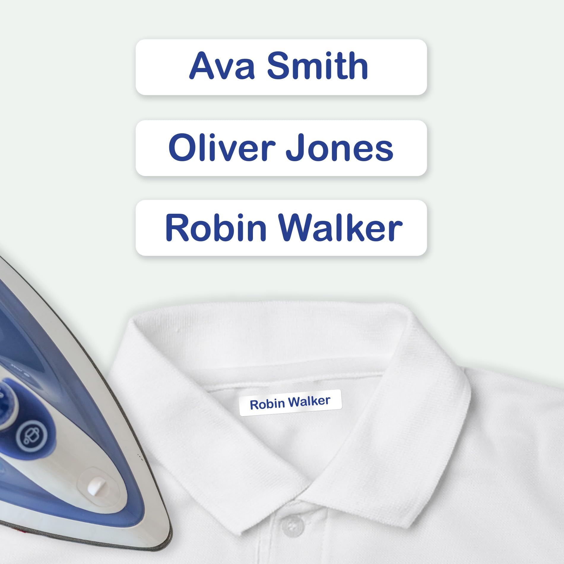 EASY2NAME Iron on Name Labels - Personalised Kids Clothing Label. Permanent Ink and Flexible Material. Washing Machine and Dryer Safe. Size: 9mm x 52mm. (Blue, 120)
