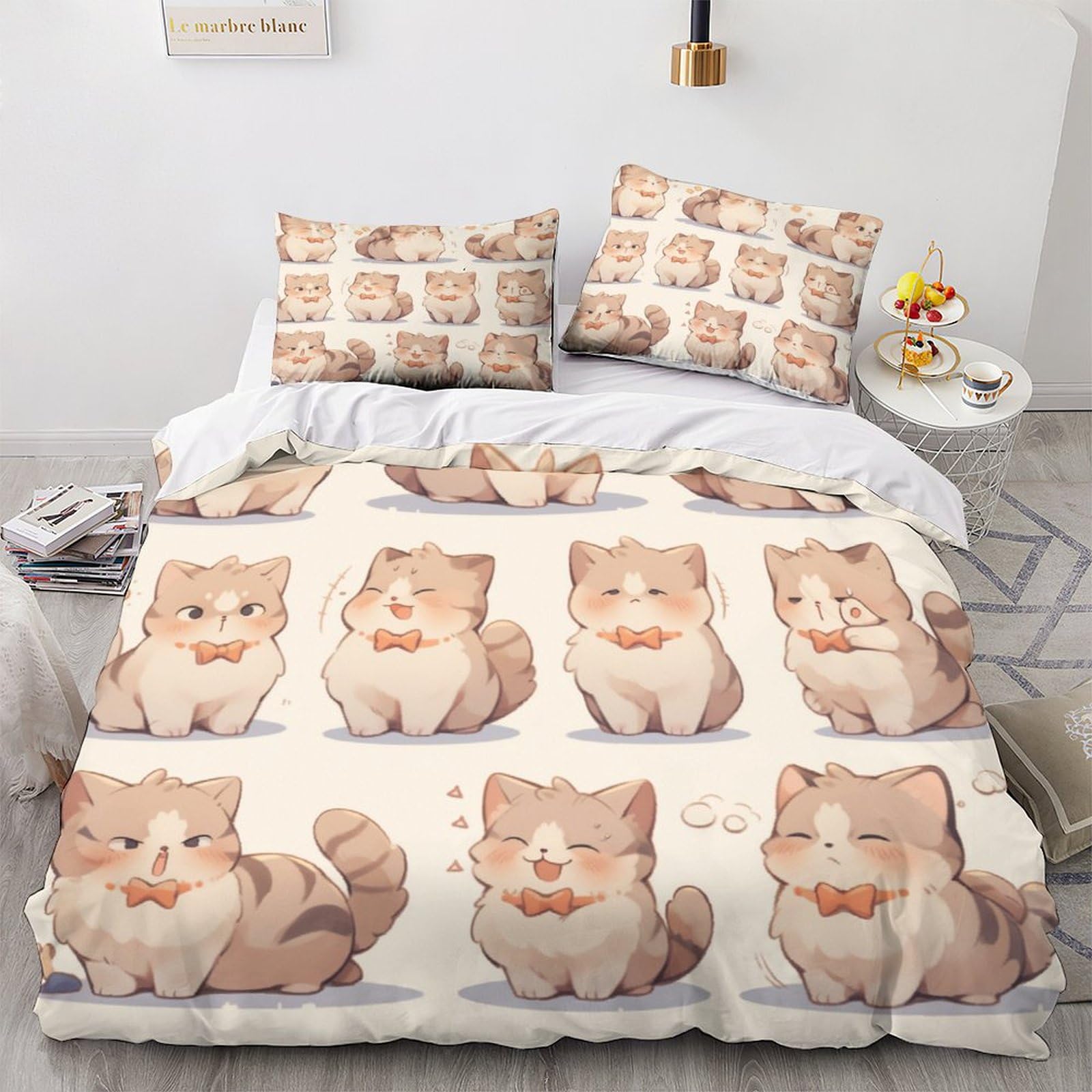 Housse de couette avec fermeture éclair motif chat mignon en microfibre parure de lit 3 pièces