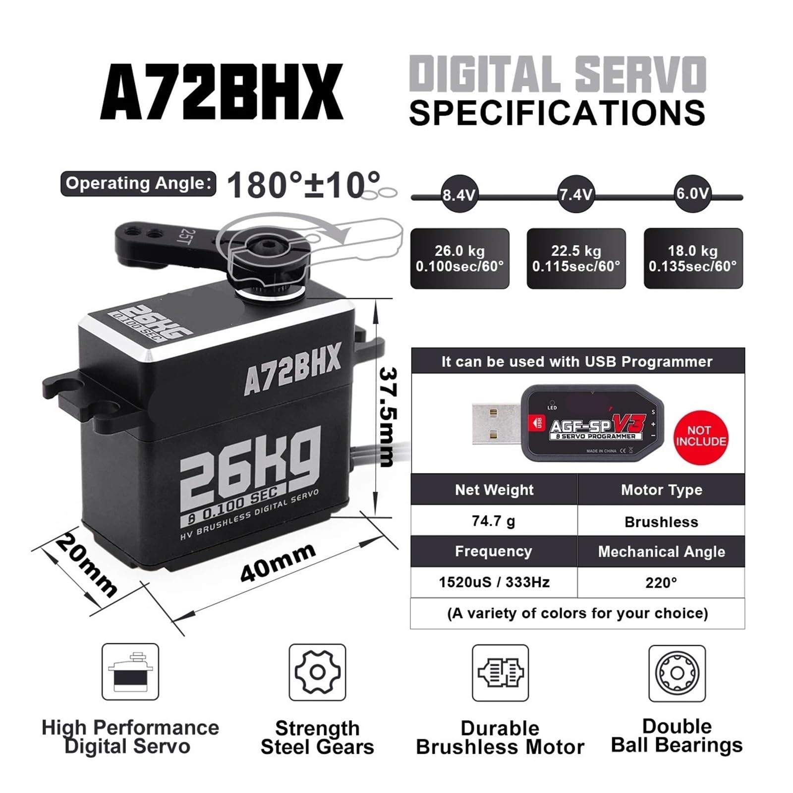 2pcs A72BHX 26KG alta coppia alta velocità alta tensione brushless ingranaggio in metallo servomotore sterzo digitale per 1/10(Sea Blue)