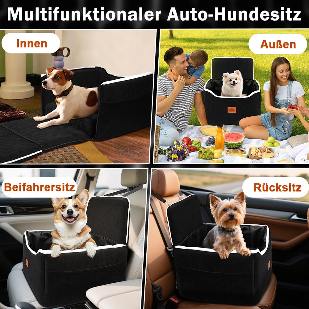 SZEE Stabiler Reise Hunde Autositz für Kleine/Mittlere Hunde bis 15 Kg, Einzigartiger Hundesitz Auto mit Abnehmbares Kunstleder-Inlay,Ausklappbares Hundebett mit Zwei Metall-Sicherheitsgurte