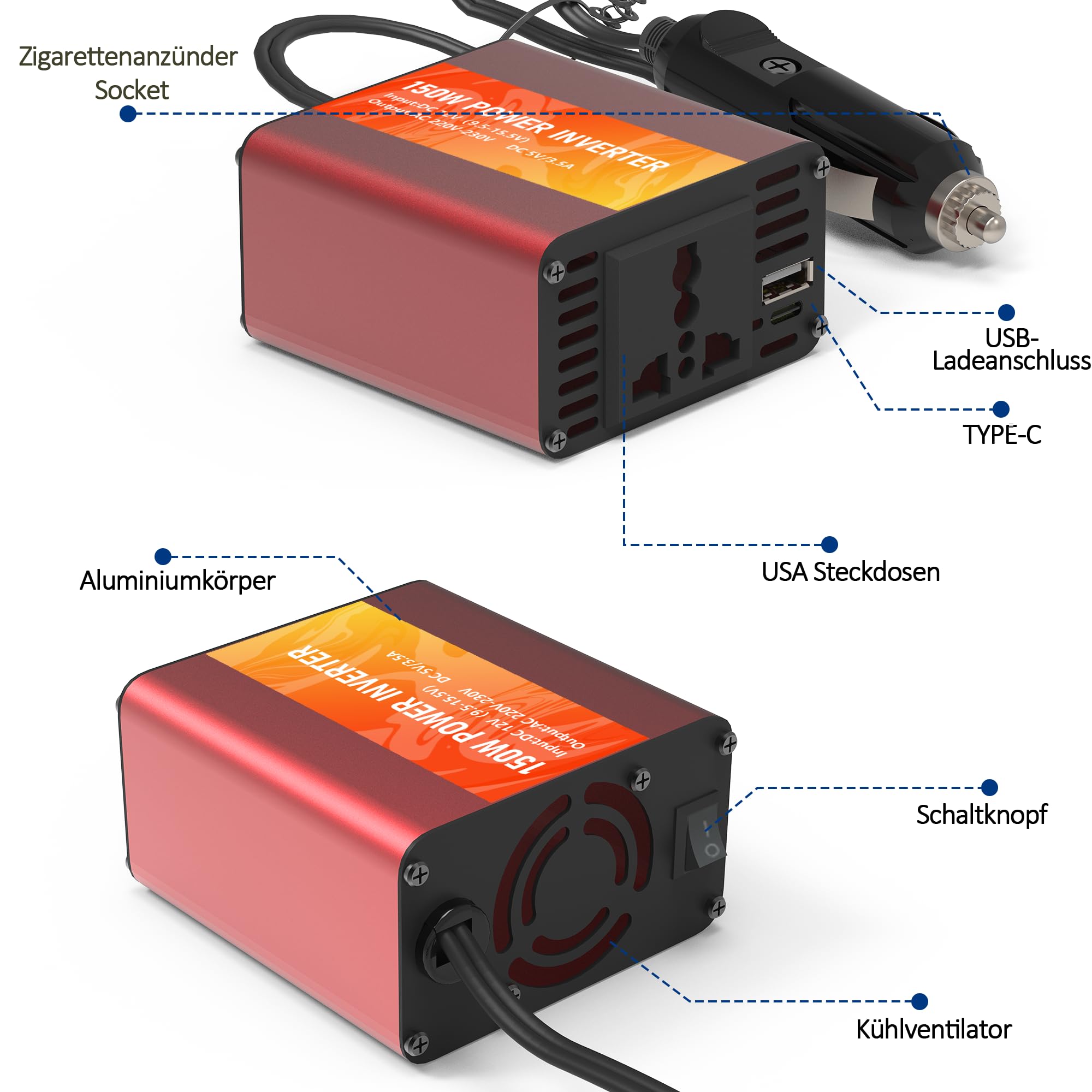 300W (crête) Prise Allume Cigare Convertisseur 12V 220V,transformateur 12v 220v de Tension 1 USB Power Inverter DC 12V AC 230V, Onduleur Electrique 150W