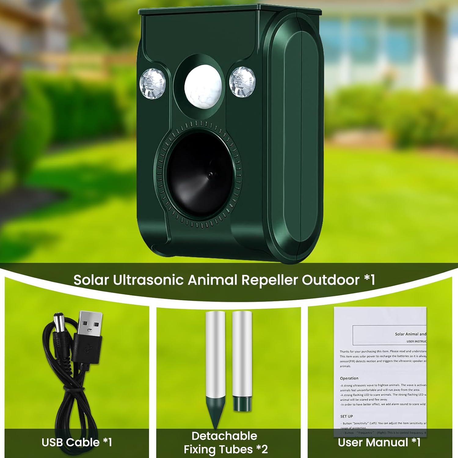Solar Animal Repellent, Cat Repellent Outdoor, Raccoon Repellent, Motion Activated Animal Repellent,Ultrasonic Dog Repellent Squirrel Repellent Device Rodent Fox Bird Skunk Deer Deterrents for Outside