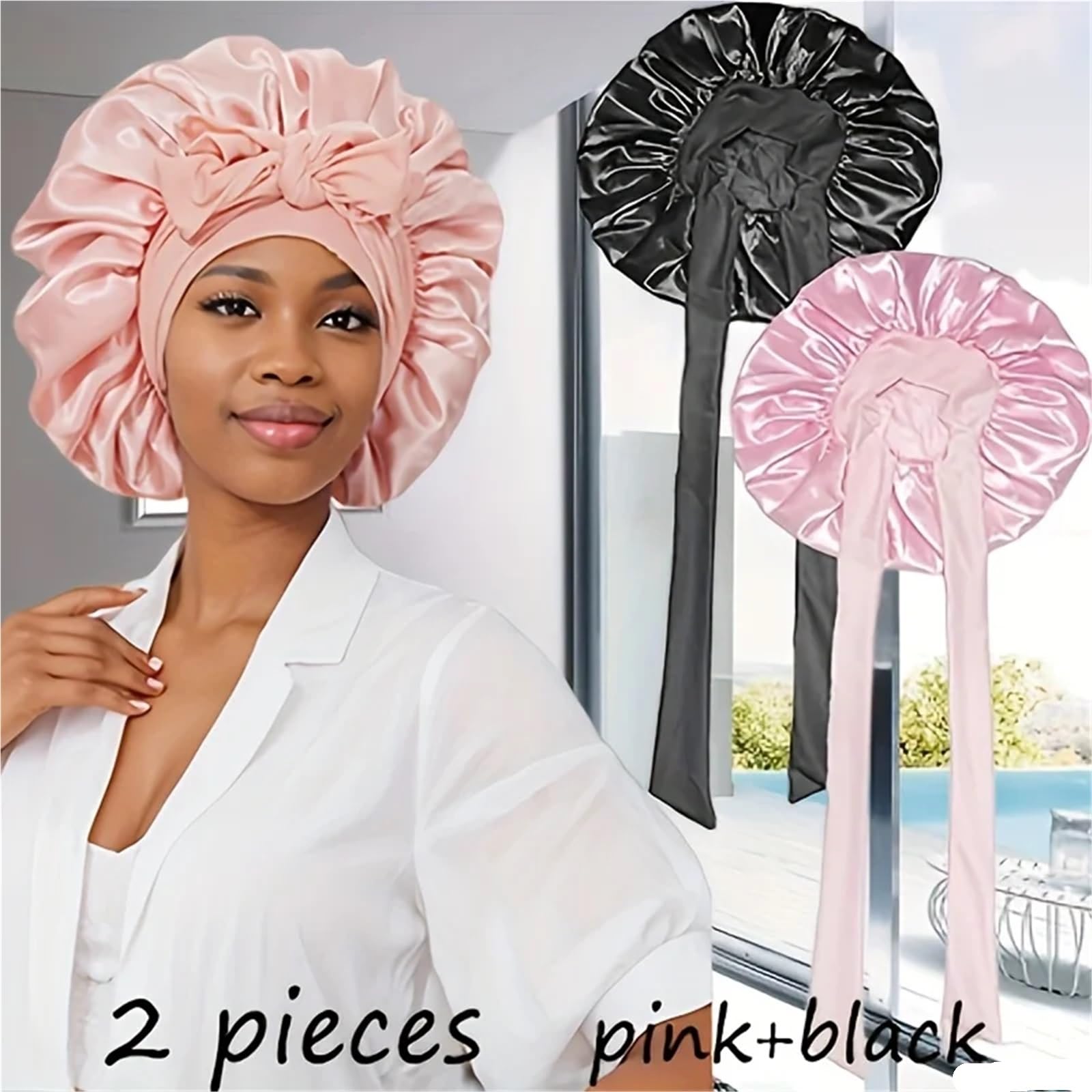 Seidenhaube Haarpflege 2 Stück Satinhauben mit Bindeband (Rosa + Schwarz), Schlafmütze for Frauen, weiche Haarpflege-Nachtschlafmützen, vielseitig verwendbare Haarhauben
