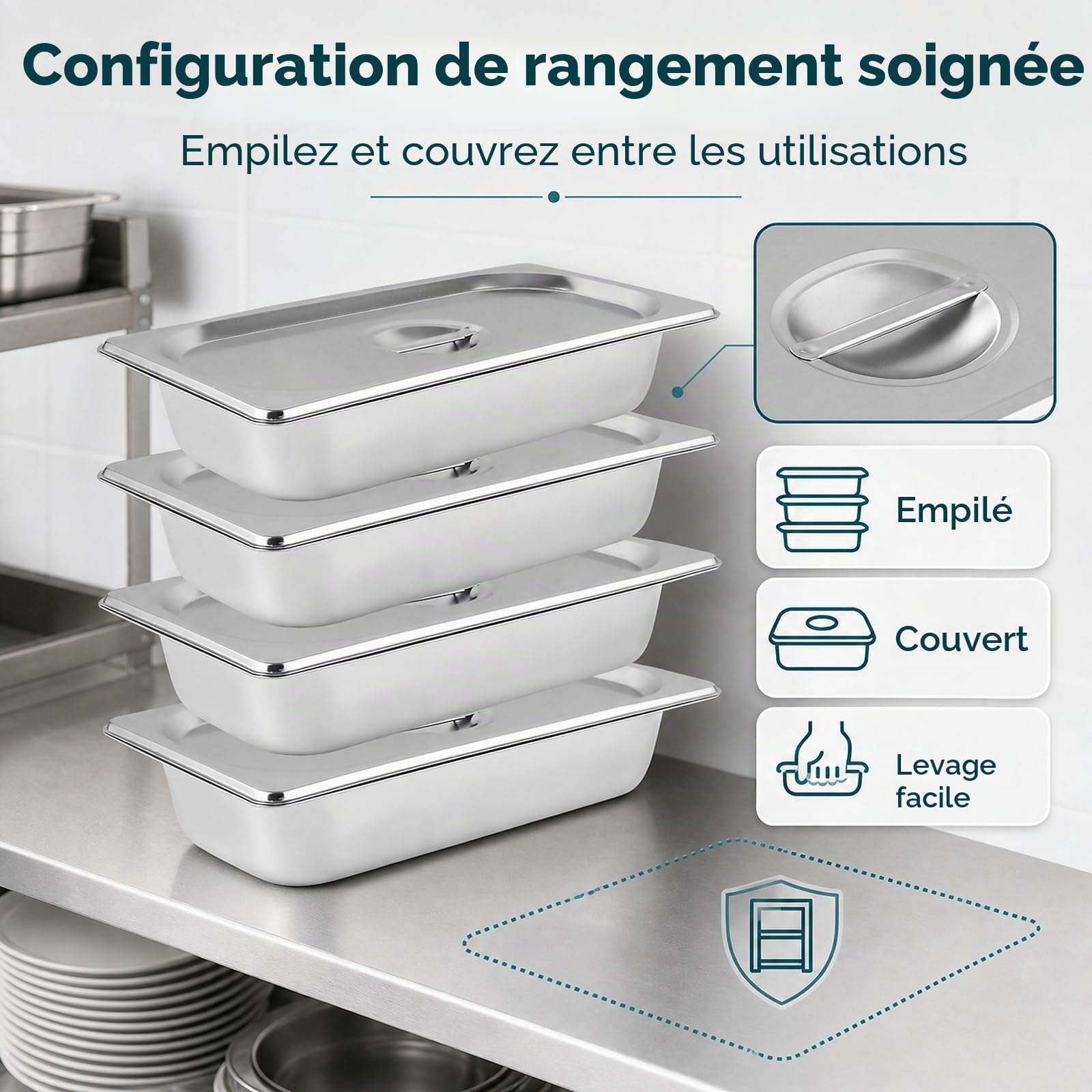 WOPPLXY Lot de 4 Plat Inox avec Couvercle, GN 1/3 Bac Inox avec Couvercle, 32,5 x 17,5 x 6,5 cm Bac Inoxs Alimentaire pour des Fours à Convection, des Bain-Maries, des Chafing Dishes