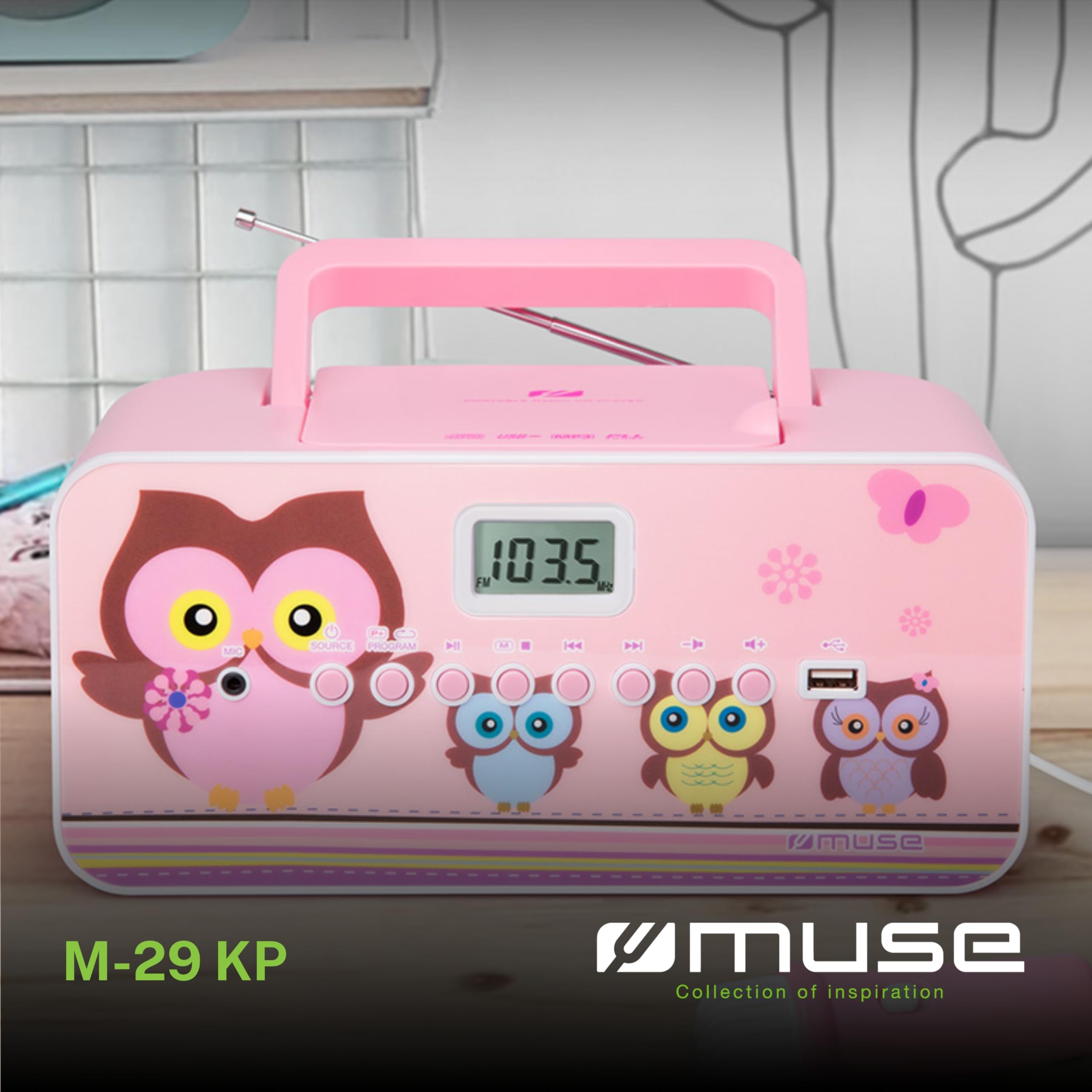 CD-Radio für Kinder mit Mikrofon und Sing-A-Long Karaoke Funktion (CD / MP3, USB, AUX-In, LCD-Display, Teleskopantenne), Pink mit Eulenmotiven
