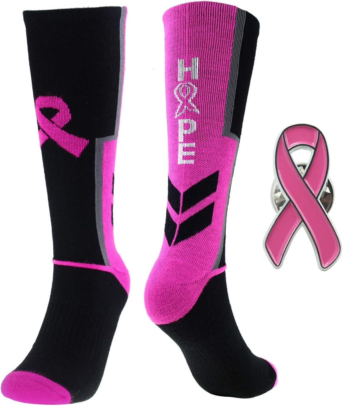 CHEROOSports Breast Cancer Awareness Pink Ribbon Socks & Lapel Pin Set Athletic Crew Socks Digital Camo Socks
