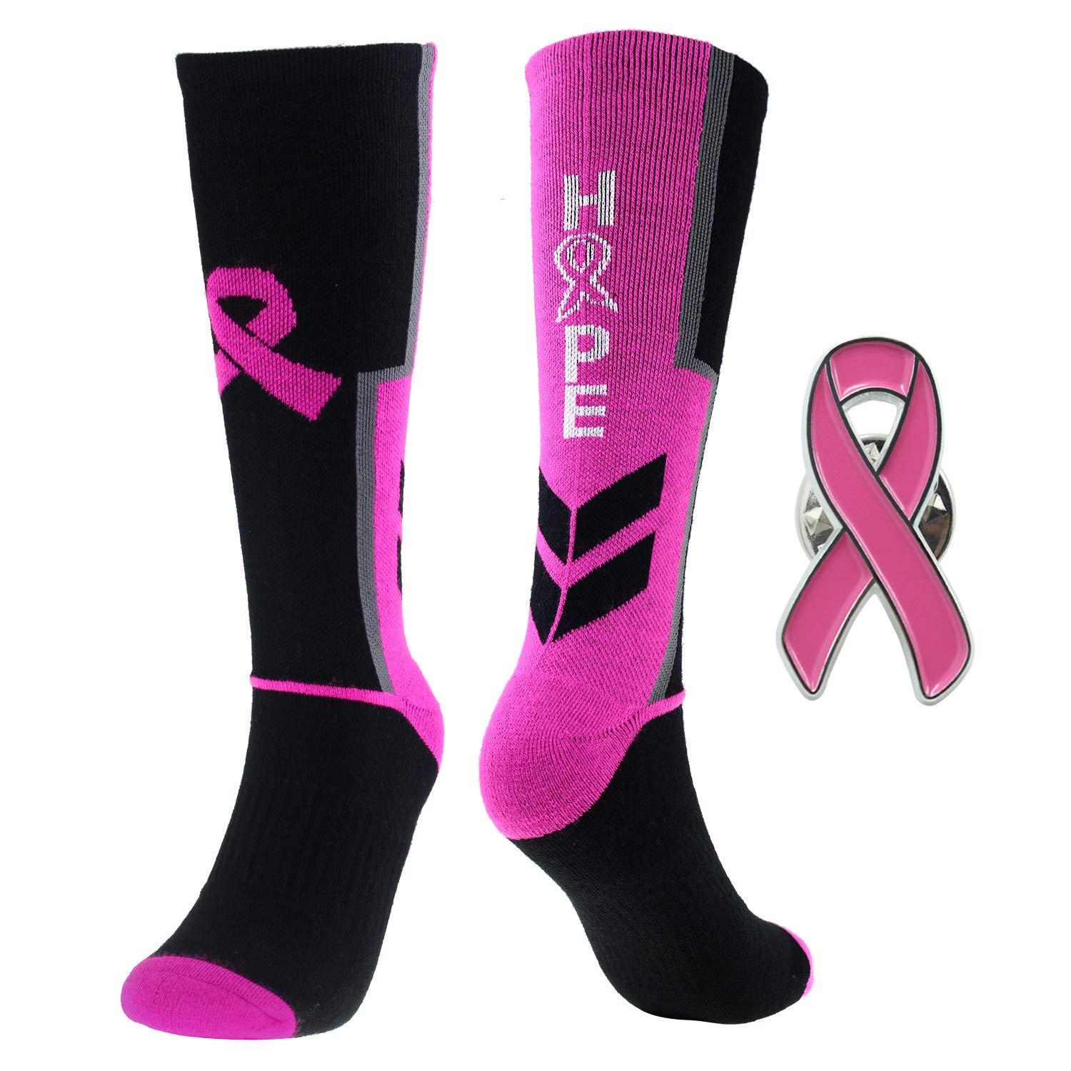 CHEROOSports Breast Cancer Awareness Pink Ribbon Socks & Lapel Pin Set Athletic Crew Socks Digital Camo Socks