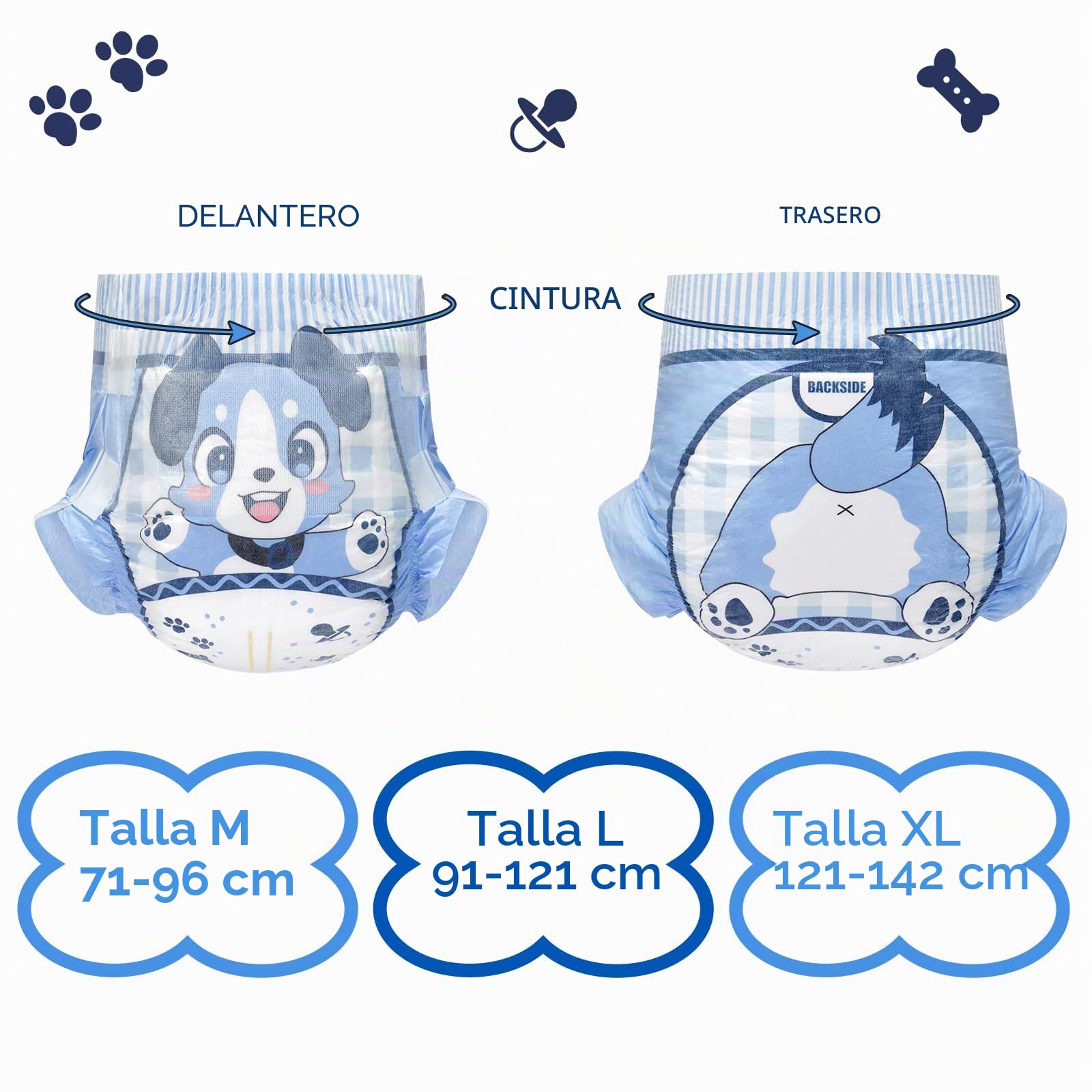 LittleForBig Cierre de Gancho y Bucle Ajustable Pañal Impreso Adultos Dorso de Tela 10 Piezas - Azul Pequeño BabyFur (Medium 71-96 cm)