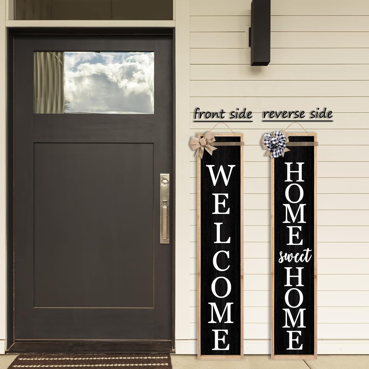 Outdoor 2in1 Welcome Sign for Front Porch Standing 45"X9" Long Vertical Leaner Tall Wood Framed Modren Rustic Farmhouse Large Home Sweet Home Signs Front Door For Outside Decor (Wood Black)