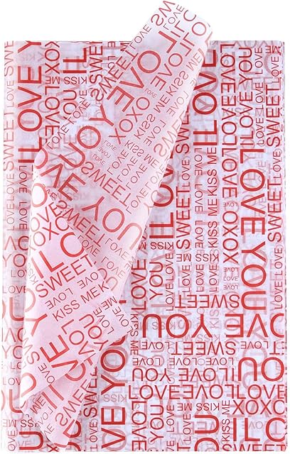 CHRORINE 60 Sheets Valentines Tissue Paper Letter Pattern Wrapping Paper Art Paper for Valentine's Day Wedding Craft Decor Wrapping Accessory